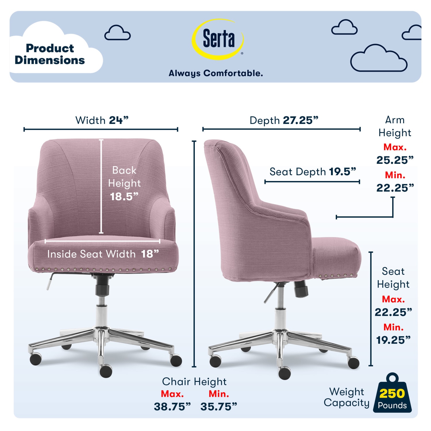 Serta Leighton Home Mid-Back Office Chair, Twill Fabric, Lilac/Chrome - Image 4