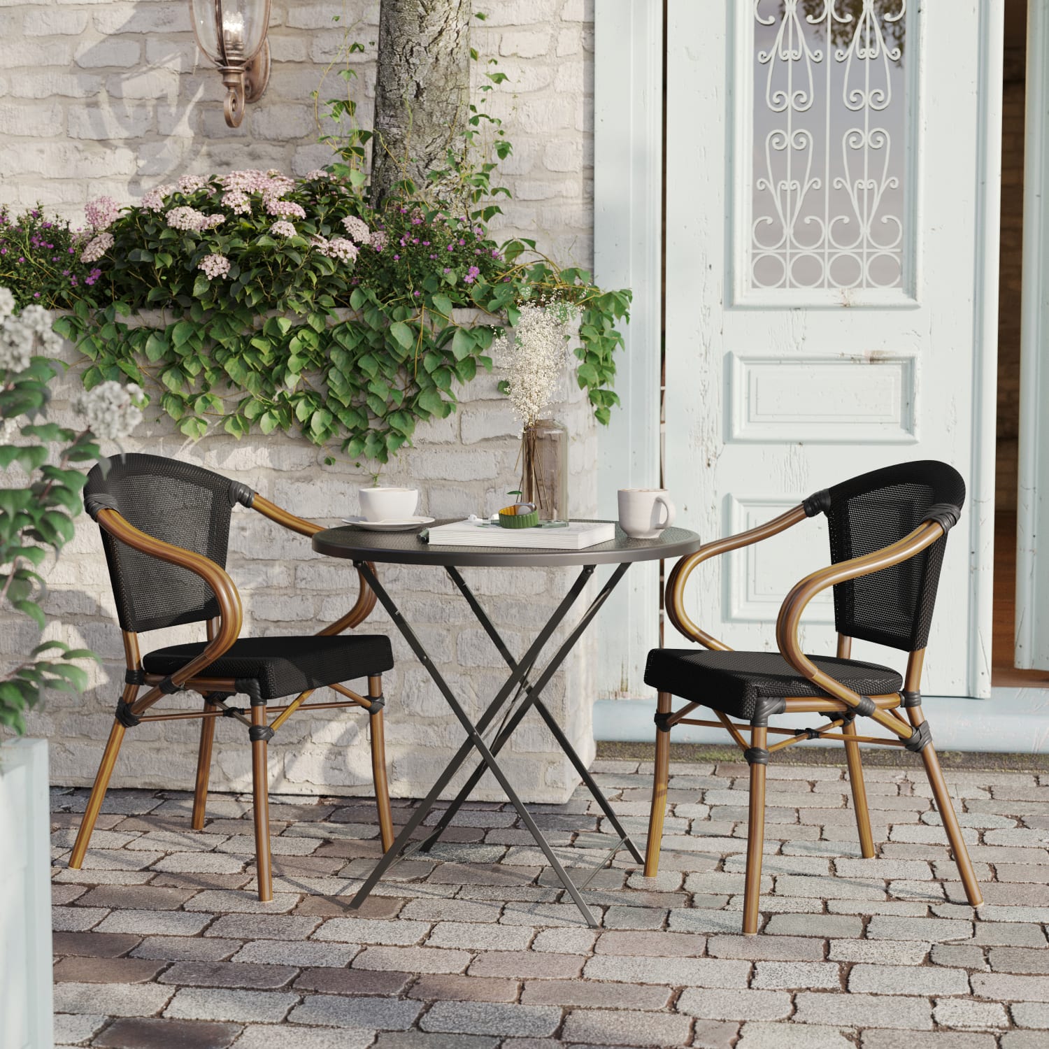Flash Furniture 2 Pack Marseille Indoor/Outdoor Commercial Bistro Stacking Chair with Arms, Black/Natural Frame -2SDAS64218BKN - Image 6