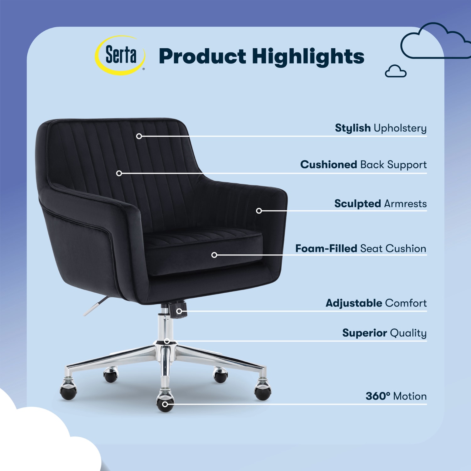 Serta Ashleigh Ergonomic Fabric Mid-Back Modern Office Chair, Black, CCHR10017B - Image 5