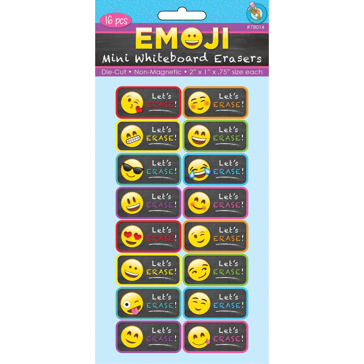 Ashley Productions Non-Magnetic Mini Whiteboard Erasers, 1-1/2in x 2in, Emoji, Pack Of 16 Erasers