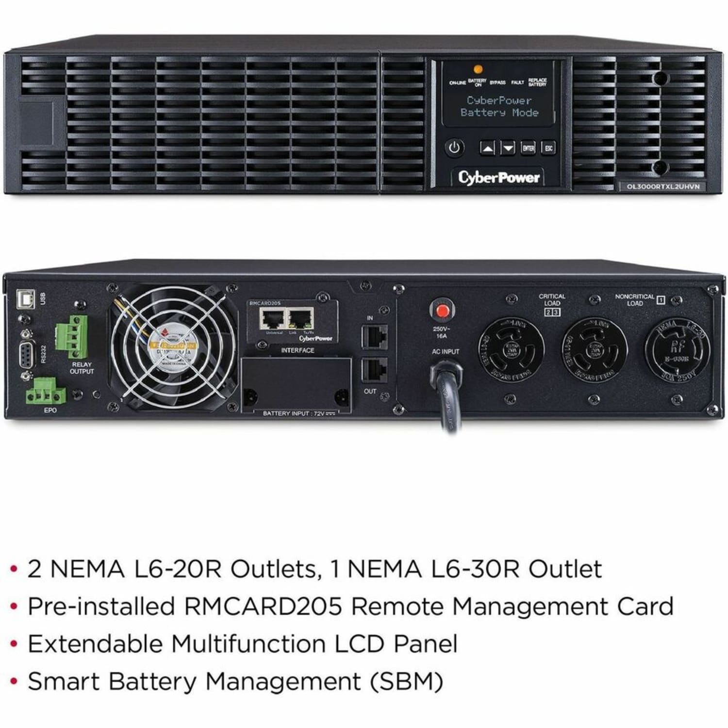 CyberPower OL3000RTXL2UHVN Smart App Online UPS Systems - 3000VA/2700W, 200 - 240 VAC, NEMA L6-20P, 2U, Rack/Tower, 3 Outlets, LCD- OL3000RTXL2UHVN - Image 3