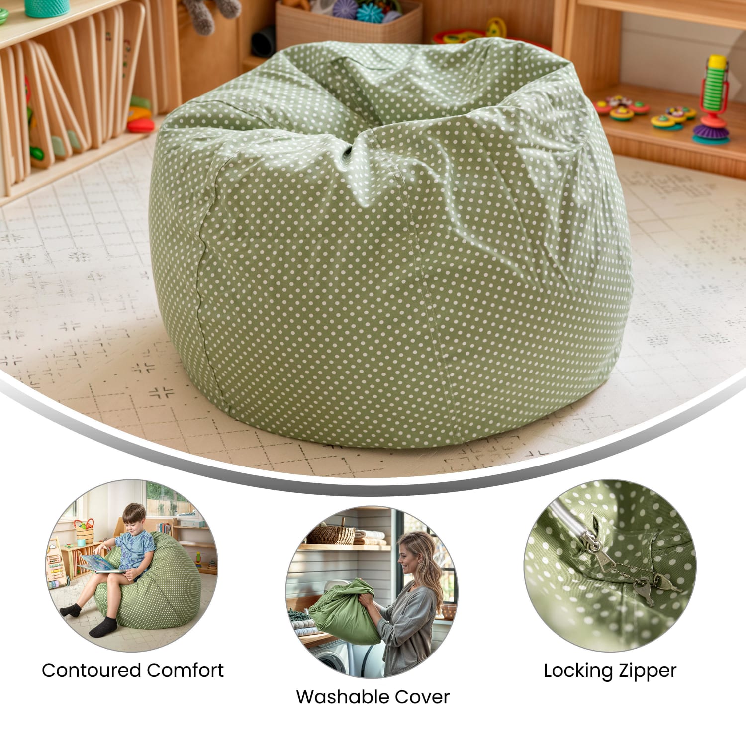 Flash Furniture Small Bean Bag Chair For Kids And Teens, Green Dot - Image 5