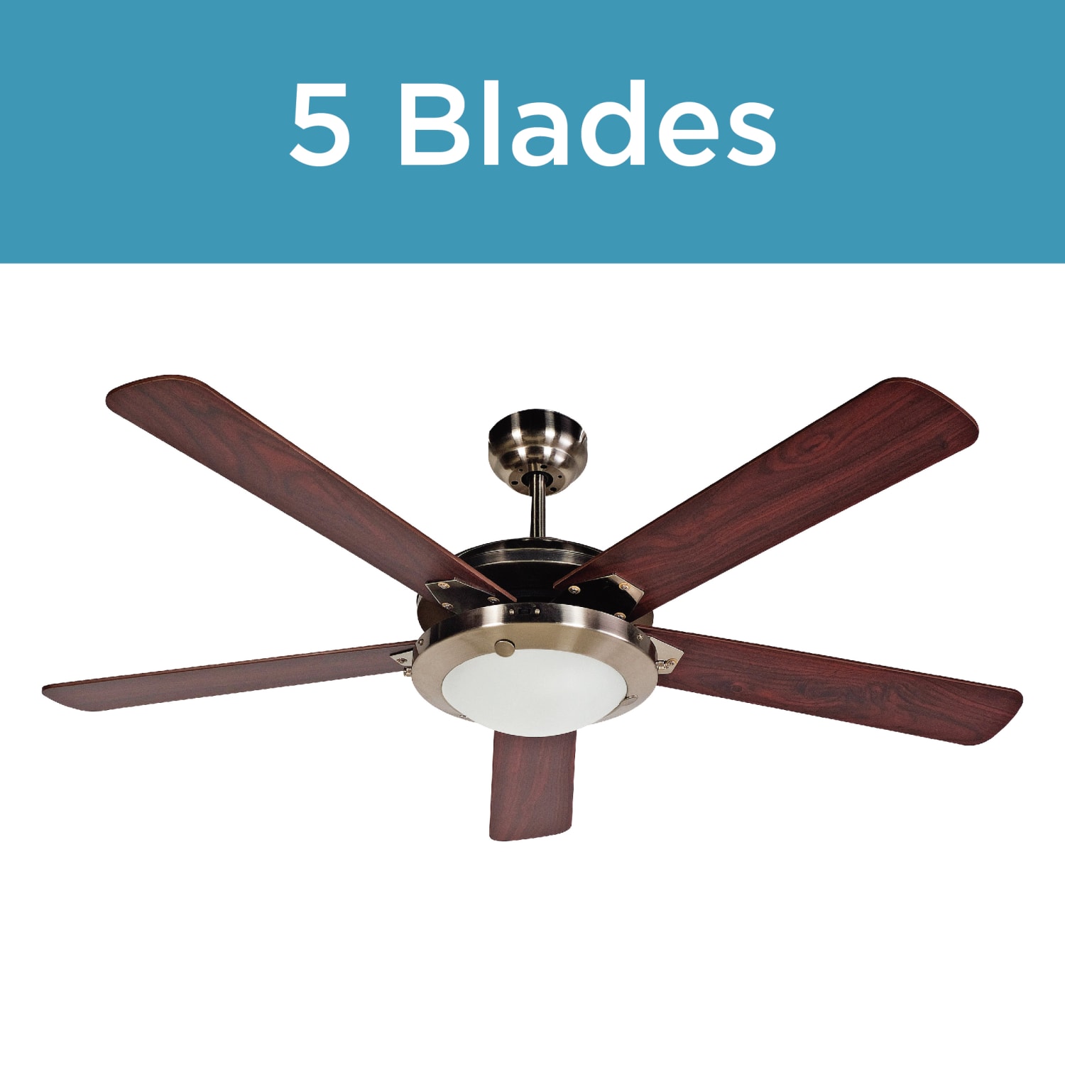 Black+Decker Ceiling Fan - 5 Blades - 52in Diameter - 3 Speed - Adjustable Airflow - 17in Height x 52in Width x 52in Depth - Nickel Body, Plywood Blade, Glass Cover - Image 3