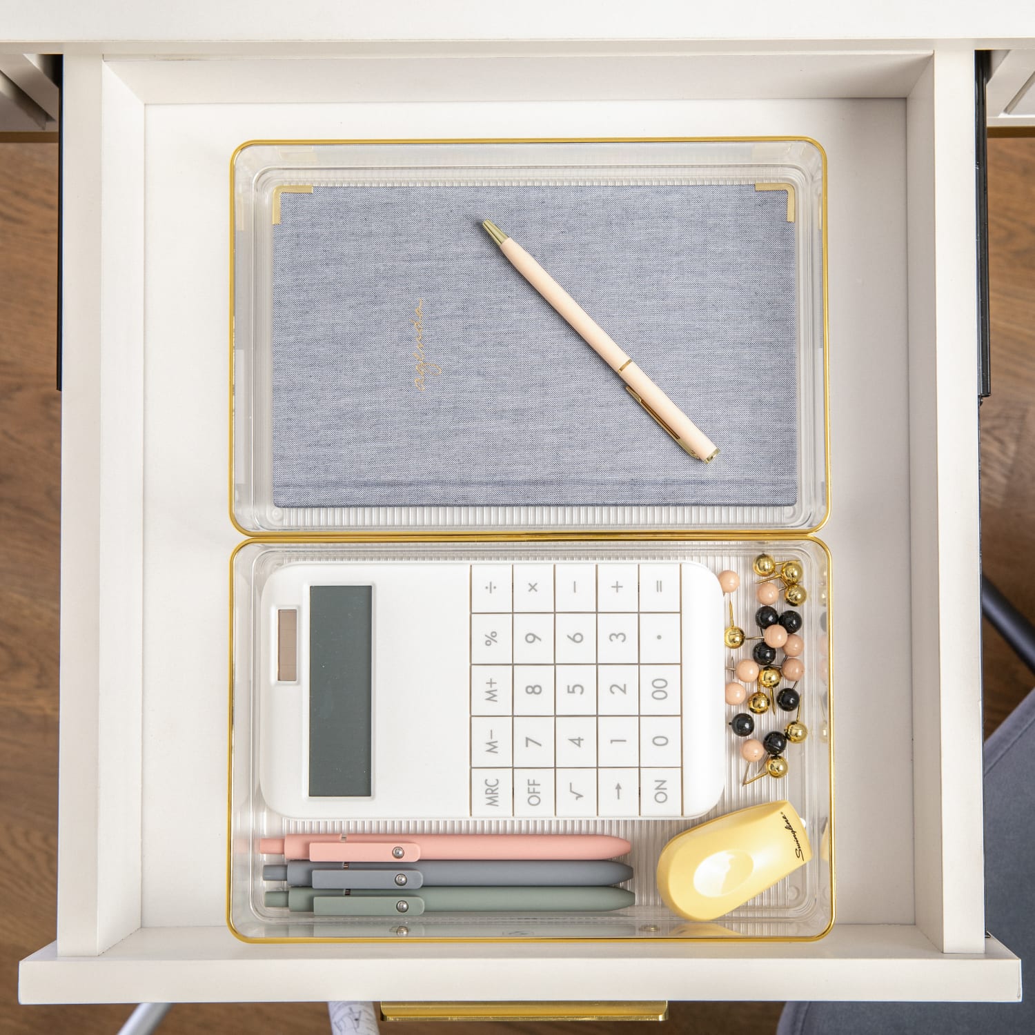 Martha Stewart Kerry Plastic Stackable Office Desk Drawer Organizers, 2inH x 6inW x 9inD, Clear/Gold Trim, Pack Of 3 Organizers - Image 6