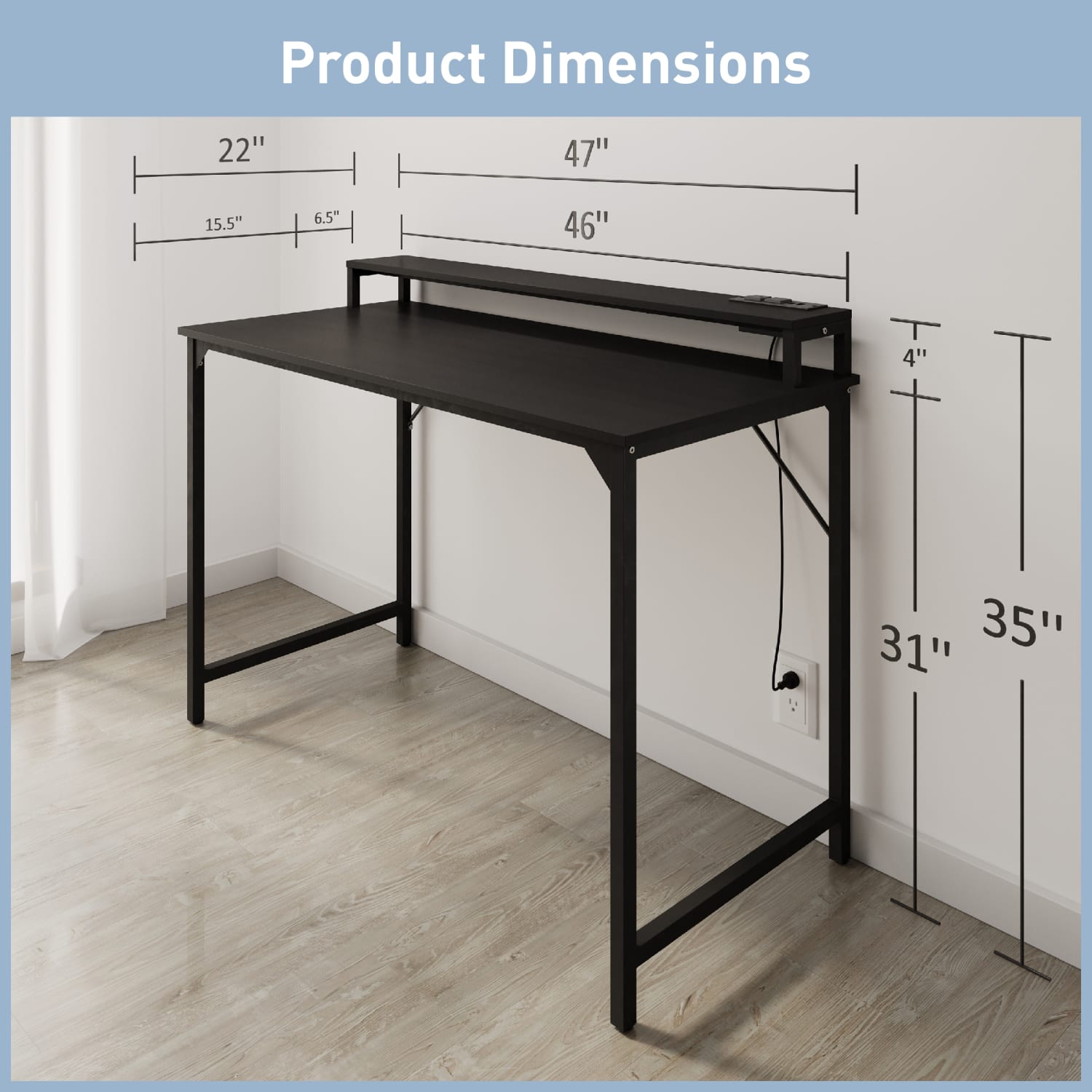 Realspace Rezio 47in Computer Desk with Hutch and Integrated Power, Black, BIFMA Compliant - Image 3