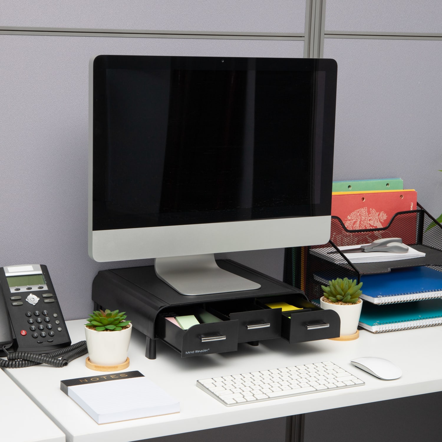 Mind Reader Plastic Monitor Stand and Desk Organizer with 3 Storage Drawers, 4inH x 13inW x 13-1/2inL, Black - Image 3