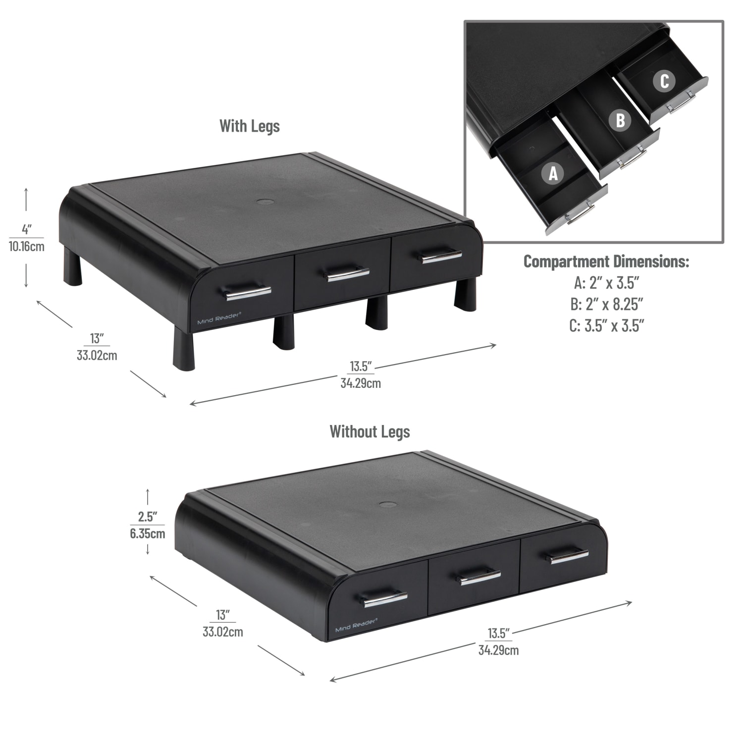 Mind Reader Plastic Monitor Stand and Desk Organizer with 3 Storage Drawers, 4inH x 13inW x 13-1/2inL, Black - Image 4