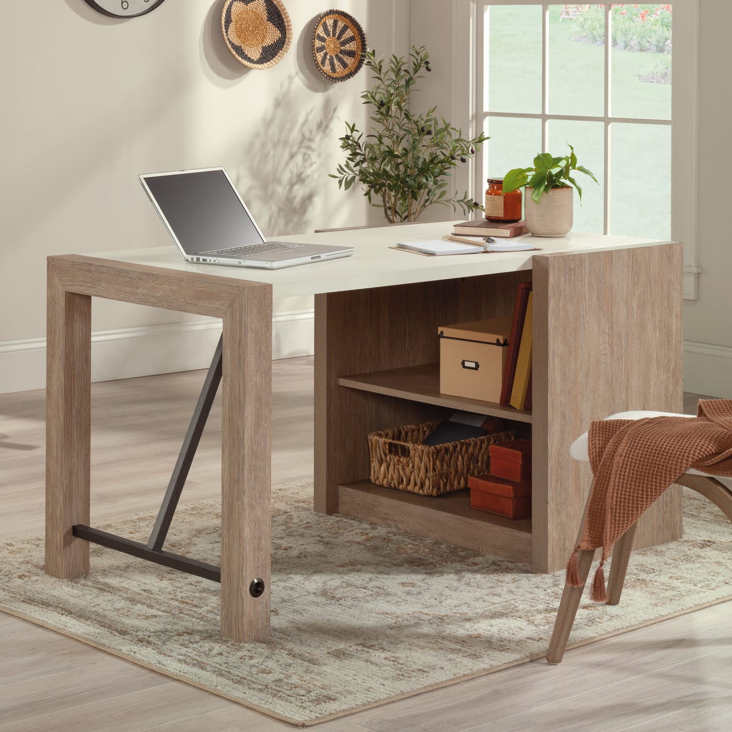 Sauder Dixon City 56inW Computer Desk With Storage Shelves, Brushed Oak/Pebble White - Image 3