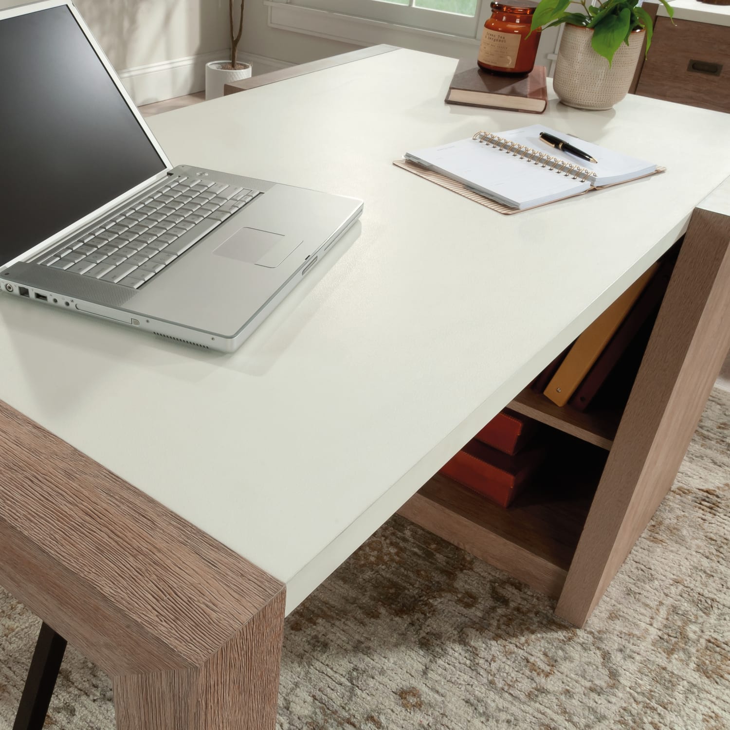 Sauder Dixon City 56inW Computer Desk With Storage Shelves, Brushed Oak/Pebble White - Image 4