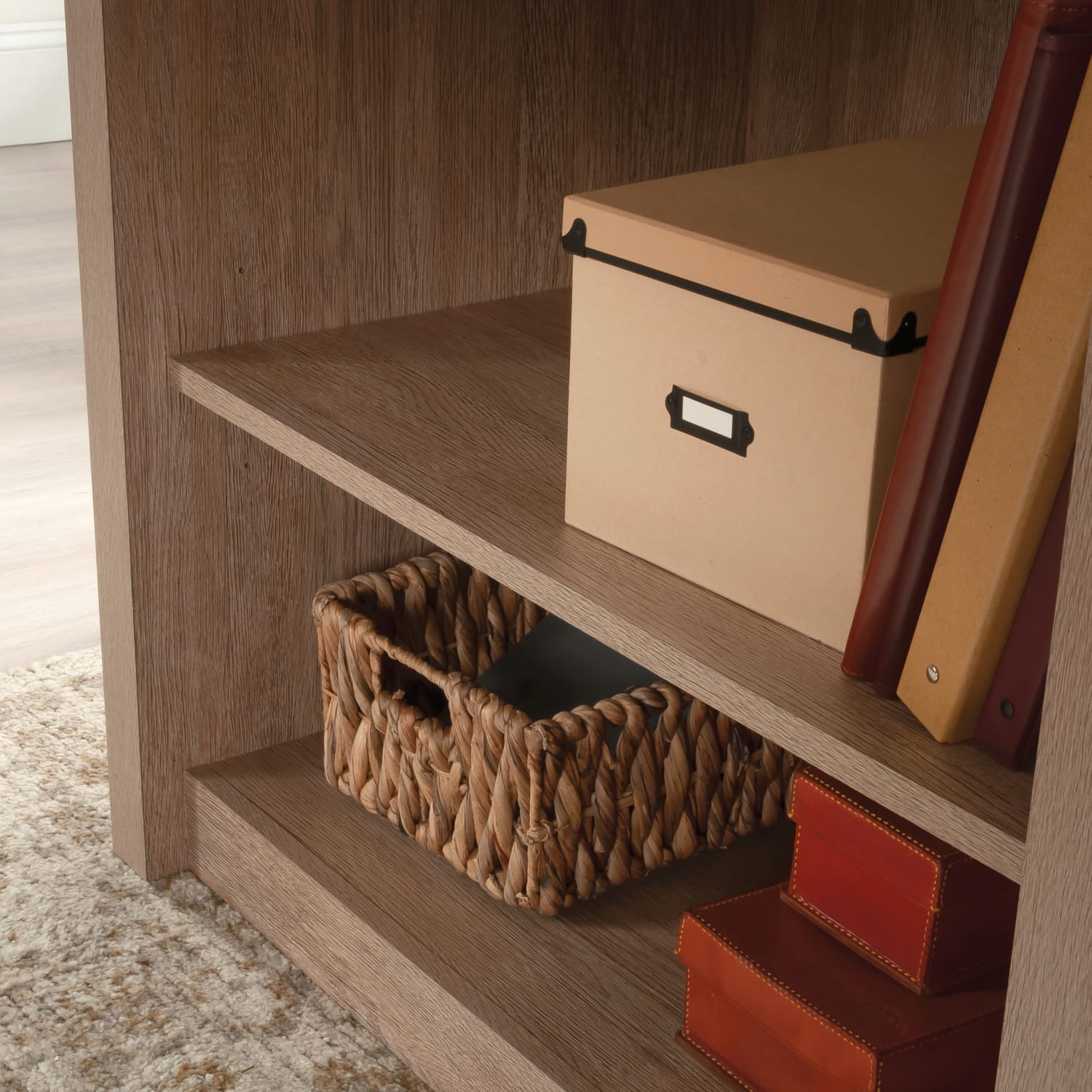 Sauder Dixon City 56inW Computer Desk With Storage Shelves, Brushed Oak/Pebble White - Image 5