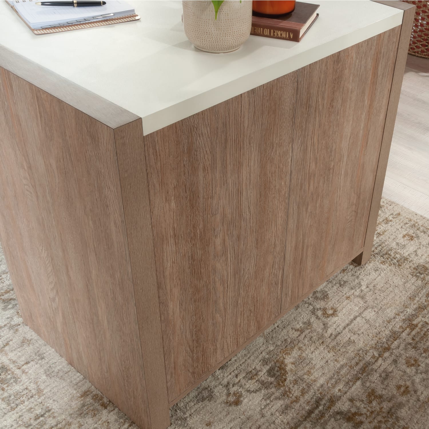 Sauder Dixon City 56inW Computer Desk With Storage Shelves, Brushed Oak/Pebble White - Image 6