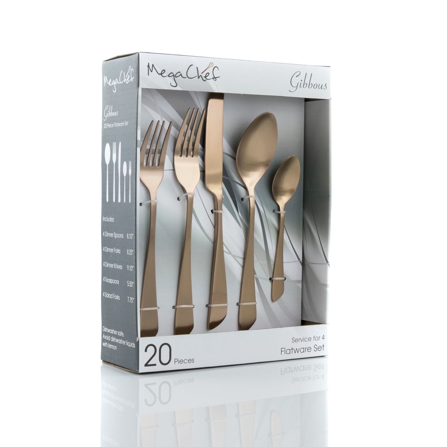 MegaChef Gibbous Stainless-Steel 20-Piece Flatware Utensil Set, Matte Rose Gold - Image 3