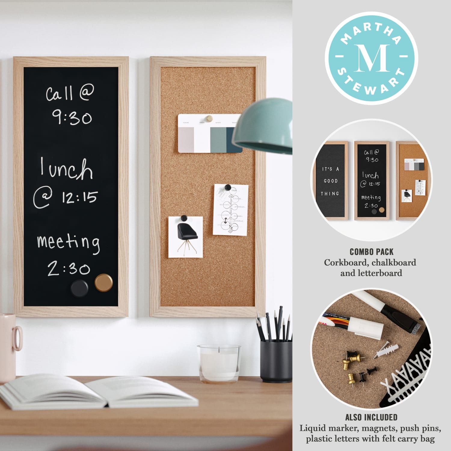 Martha Stewart Everette Cork, Chalk And Letter Board Set, 8in x 18in, Black/Brown, Light Natural Woodgrain Frame - Image 4