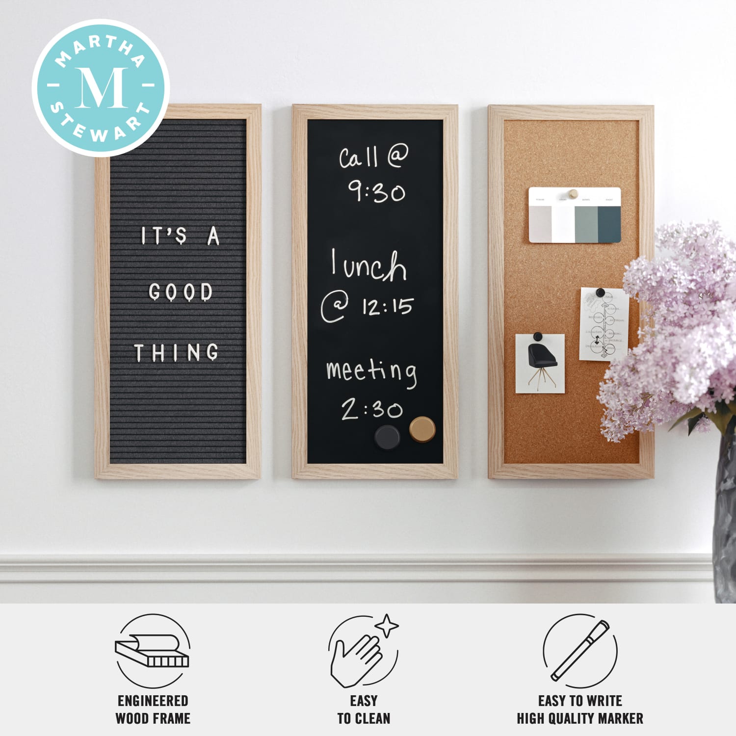 Martha Stewart Everette Cork, Chalk And Letter Board Set, 8in x 18in, Black/Brown, Light Natural Woodgrain Frame - Image 5