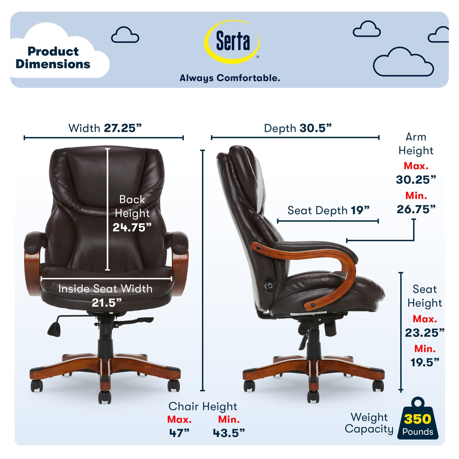 Serta Conway Big & Tall Bonded Leather High-Back Office Chair, Biscuit/Espresso - Image 5