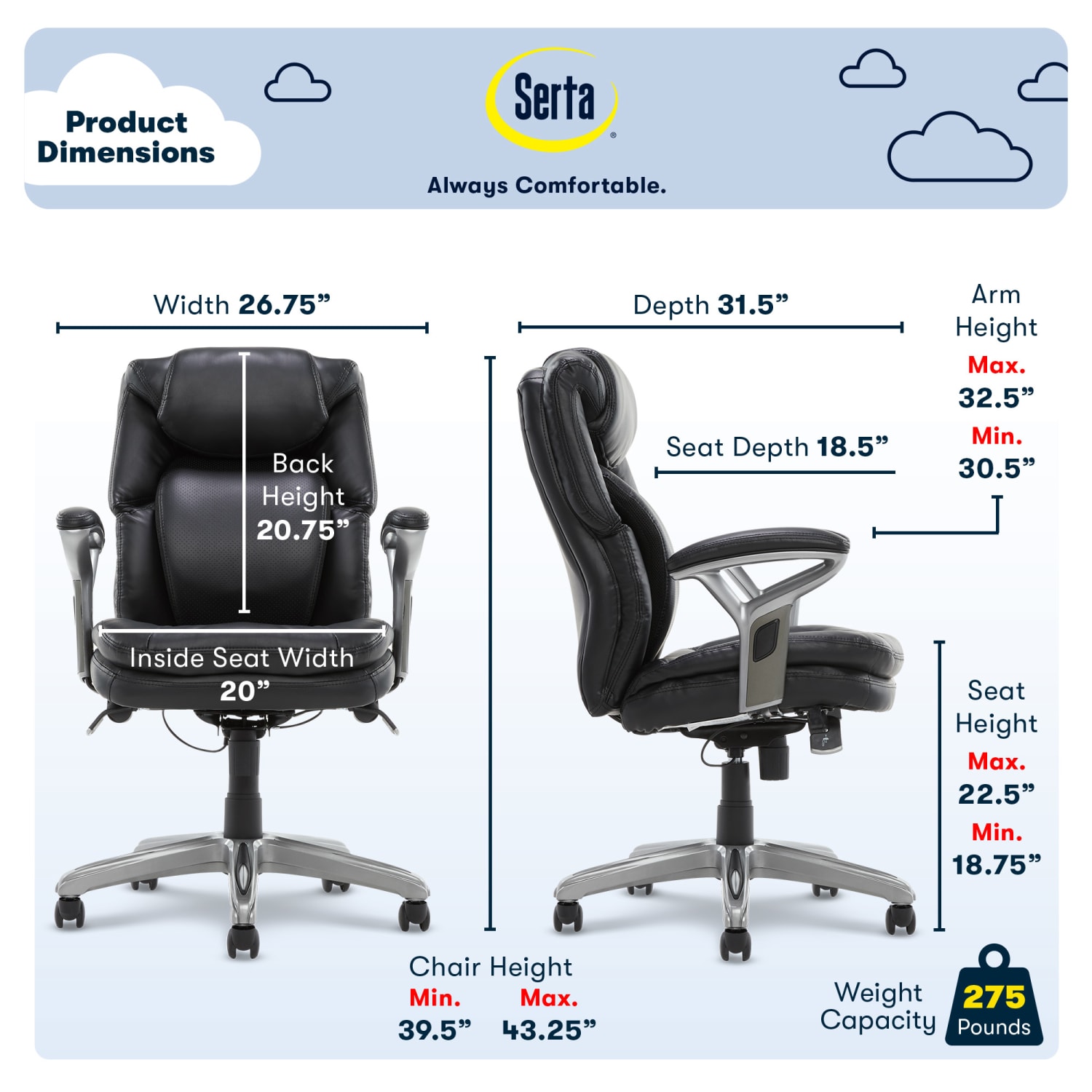 Serta Conway Big & Tall Bonded Leather High-Back Office Chair, Biscuit/Espresso - Image 6