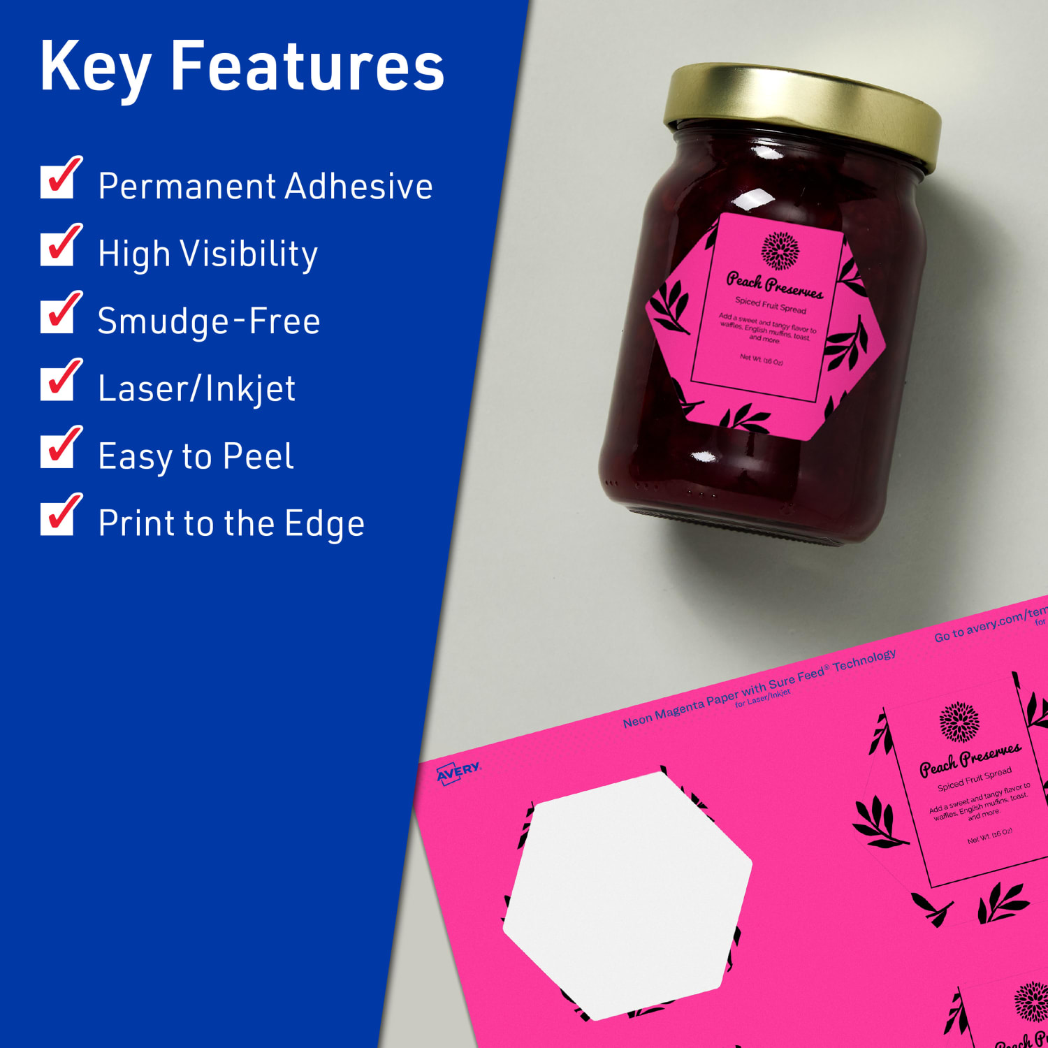 Avery Print-To-The-Edge Labels With Sure Feed Technology, 94121-NMP80, Hexagon, 2-1/2in x 2-57/64in, Matte Neon Magenta, Pack of 480 - Image 3