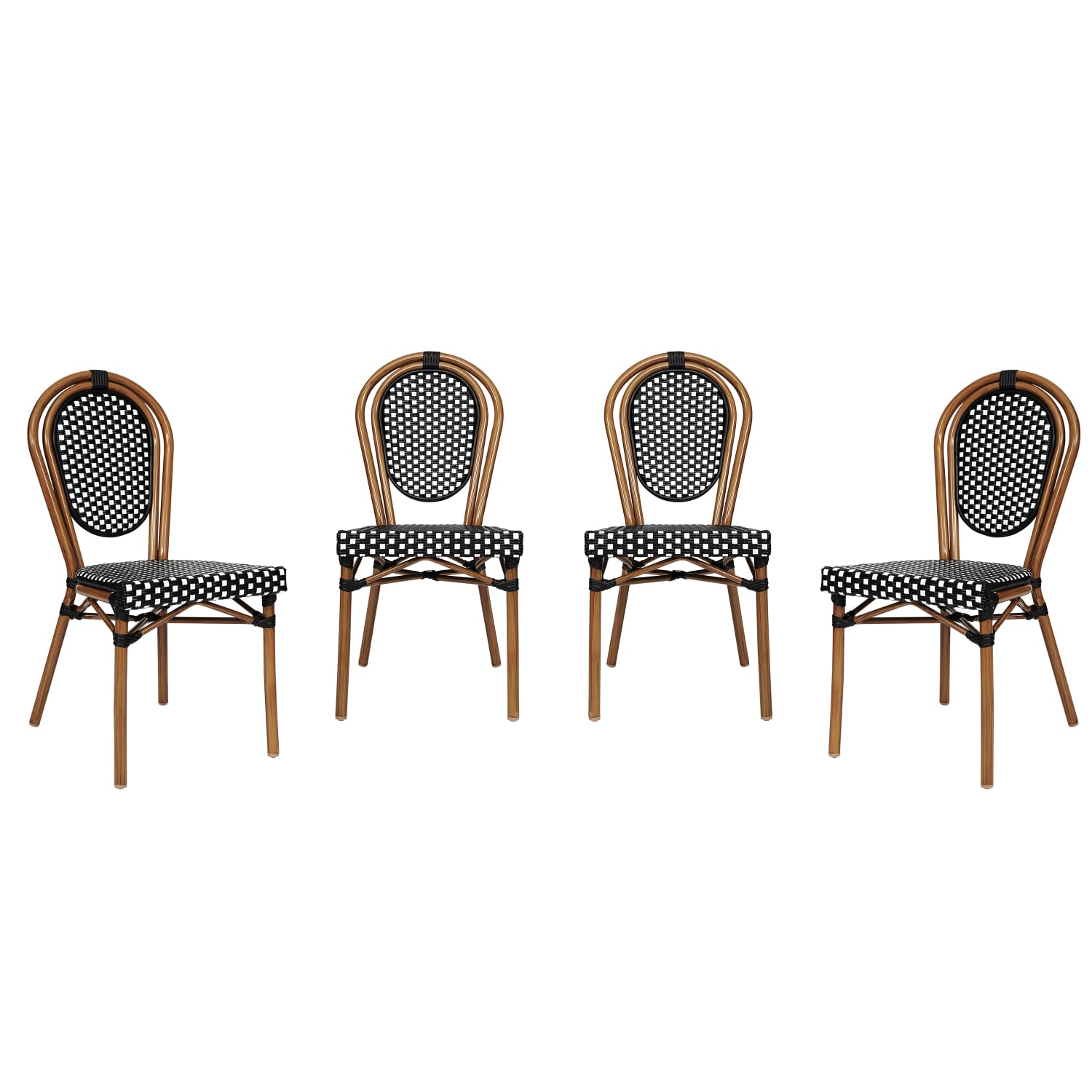 Flash Furniture 4 Pack Lourdes Indoor/Outdoor Commercial Thonet Bistro Stacking Chair, PE Rattan and Aluminum Frame, Black & White/Natural Frame