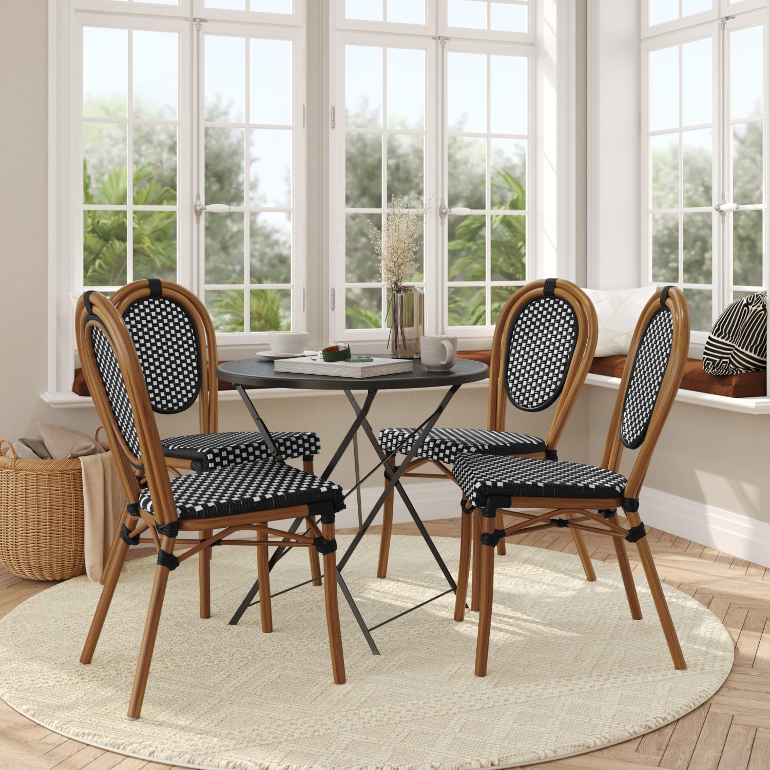 Flash Furniture 4 Pack Lourdes Indoor/Outdoor Commercial Thonet Bistro Stacking Chair, PE Rattan and Aluminum Frame, Black & White/Natural Frame - Image 4