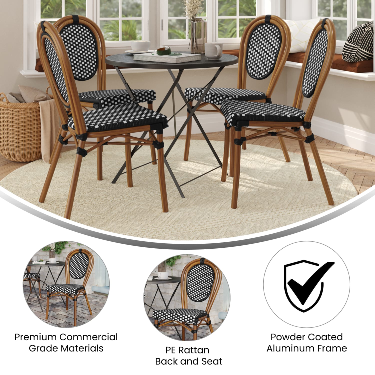 Flash Furniture 4 Pack Lourdes Indoor/Outdoor Commercial Thonet Bistro Stacking Chair, PE Rattan and Aluminum Frame, Black & White/Natural Frame - Image 5