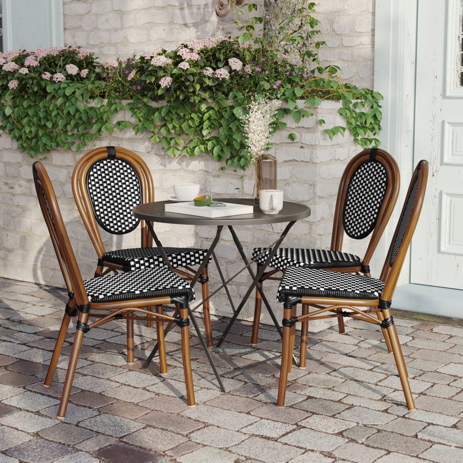 Flash Furniture 4 Pack Lourdes IndoorOutdoor Commercial Thonet Bistro Stacking Chair PE Rattan and Aluminum Frame Black WhiteNatural Frame PopularChairscom Flash Furniture 4 Pack Lourdes IndoorOutdoor Commercial Thonet Bistro Stacking Chair PE Rattan and Aluminum Frame Black WhiteNatural Frame PopularChairscom