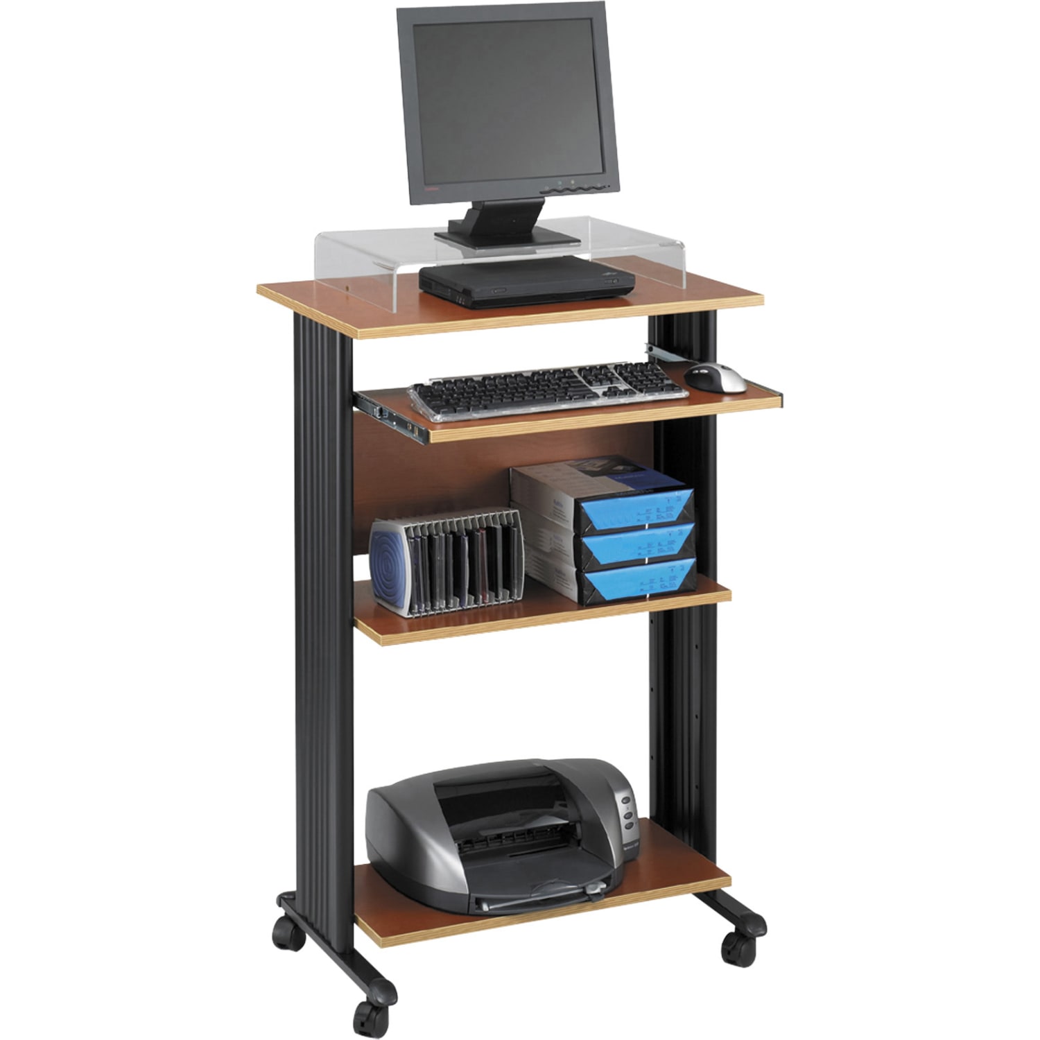 Safco Muv 30inW Fixed Height Stand-Up Mobile Workstation With 2-Shelves and Keyborad Tray, Cherry/Black - Image 4