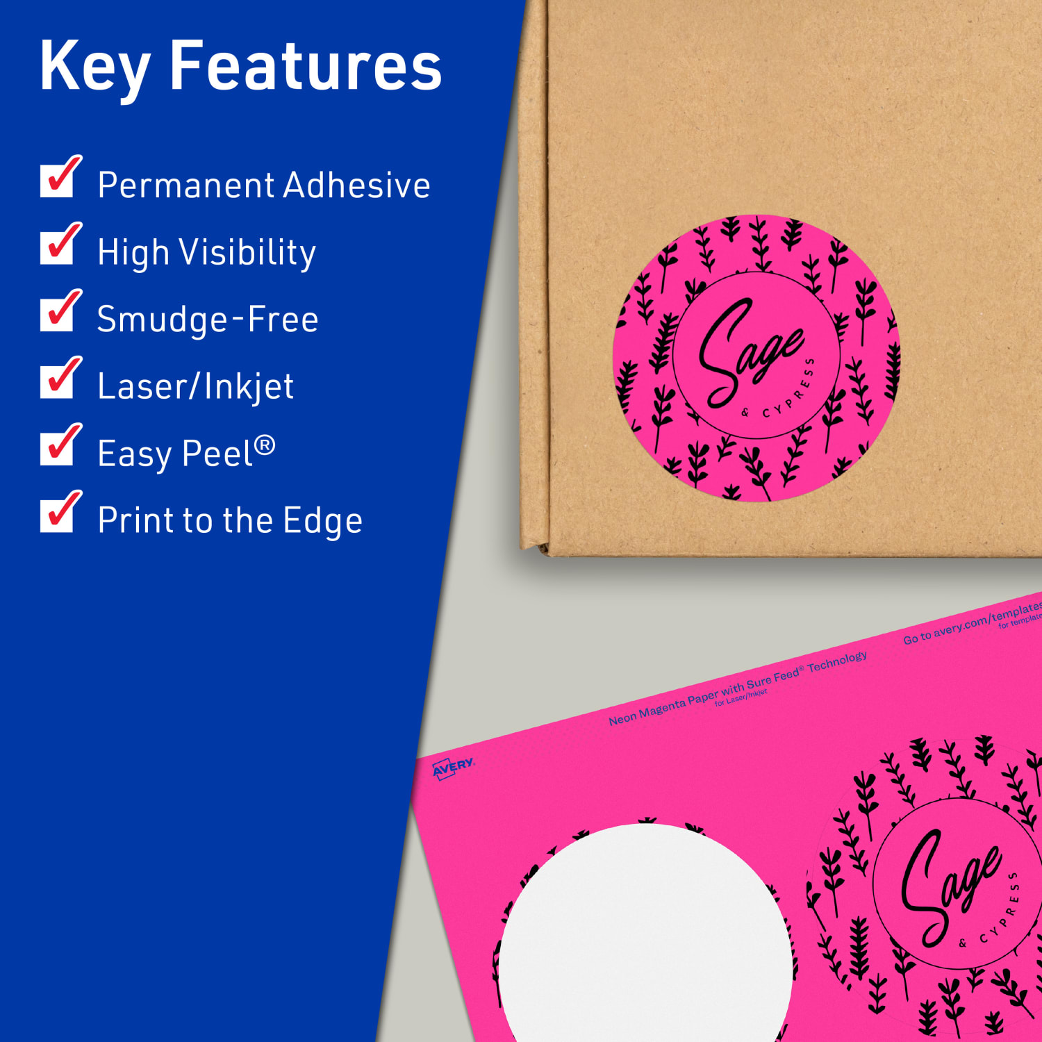Avery Print-To-The-Edge Labels With Sure Feed Technology, 94514-NMP20, Round, 3-1/2in, Matte Neon Magenta, Pack of 80 - Image 3