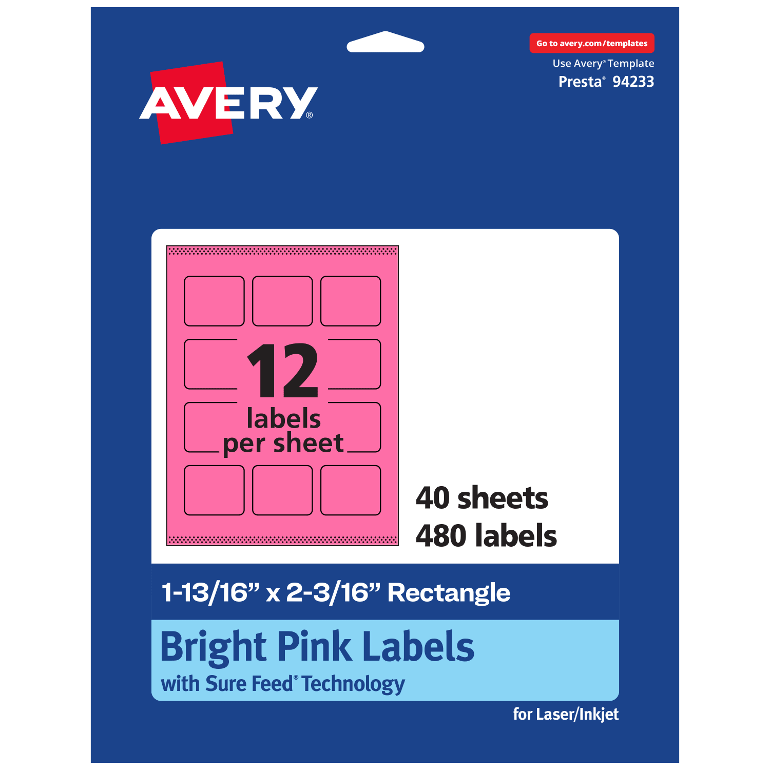Avery Print-To-The-Edge Labels With Sure Feed Technology And Easy Peel, 94233-BPP40, Rectangle, 1-13/16in x 2-3/16in, Matte Bright Pink, Pack of 480
