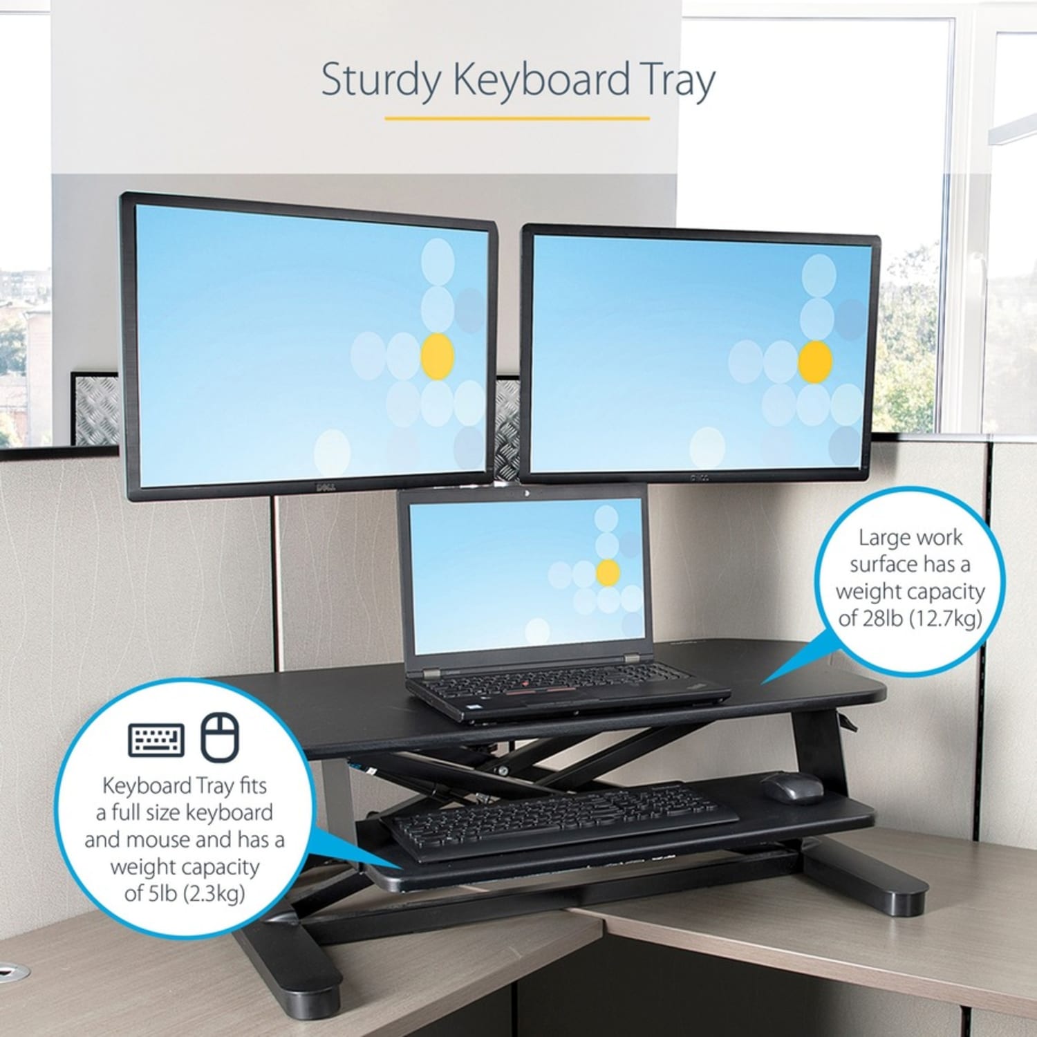 StarTech.com Corner Sit Stand Desk Converter with Keyboard Tray, Large Surface 35inx21in , Height Adjustable Ergonomic Tabletop Standing Desk - Image 6