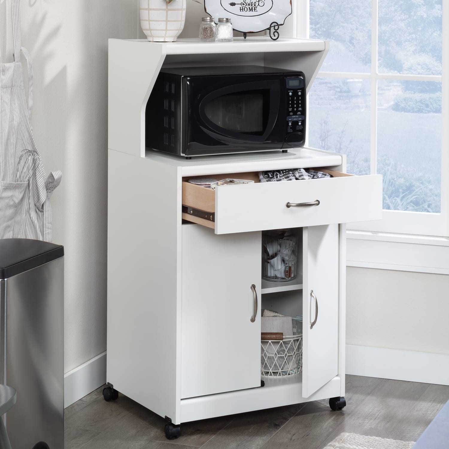 Sauder 25inW Storage, Microwave And Kitchen Cart, Glacier White - Image 4