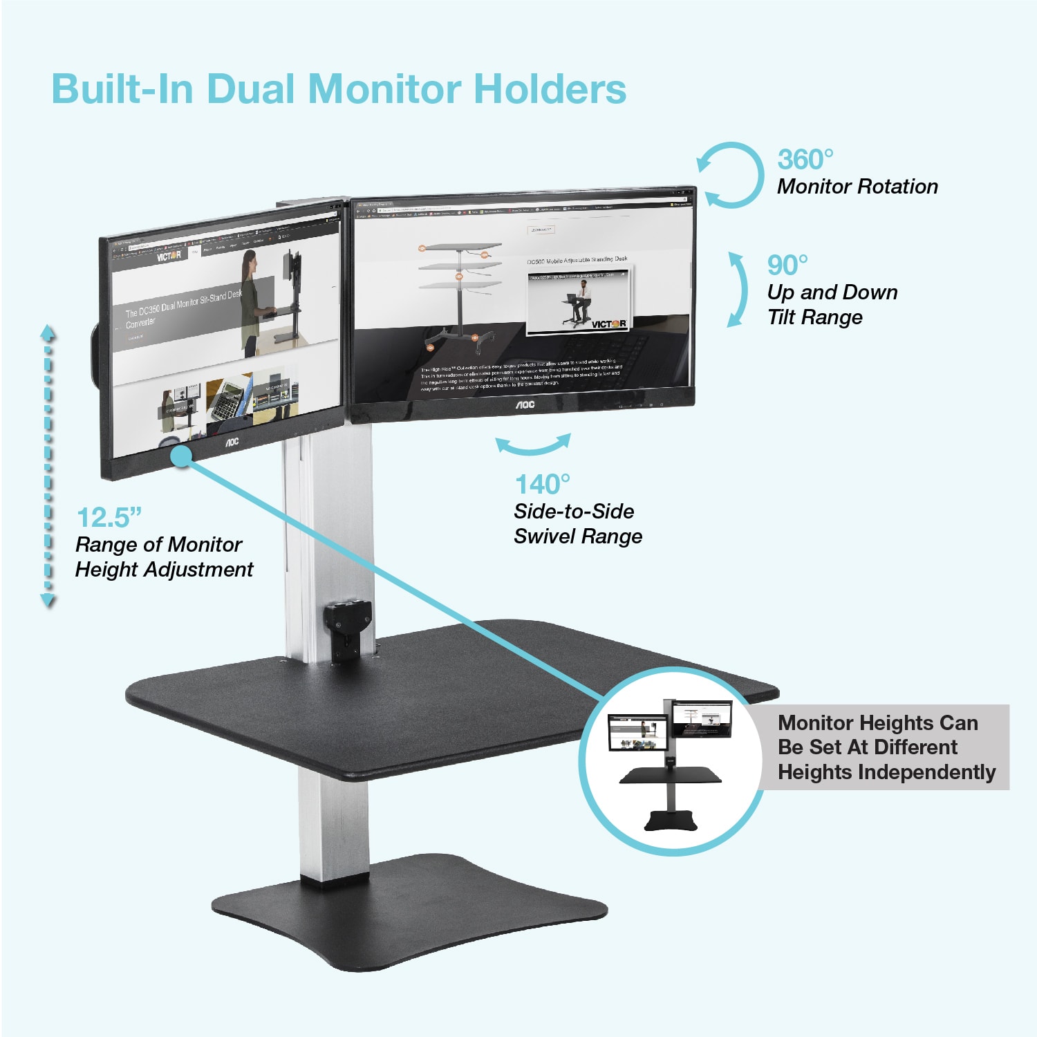 Victor High Rise DC450 Electric Dual Monitor Standing Desk Riser, Black/Silver - Image 4
