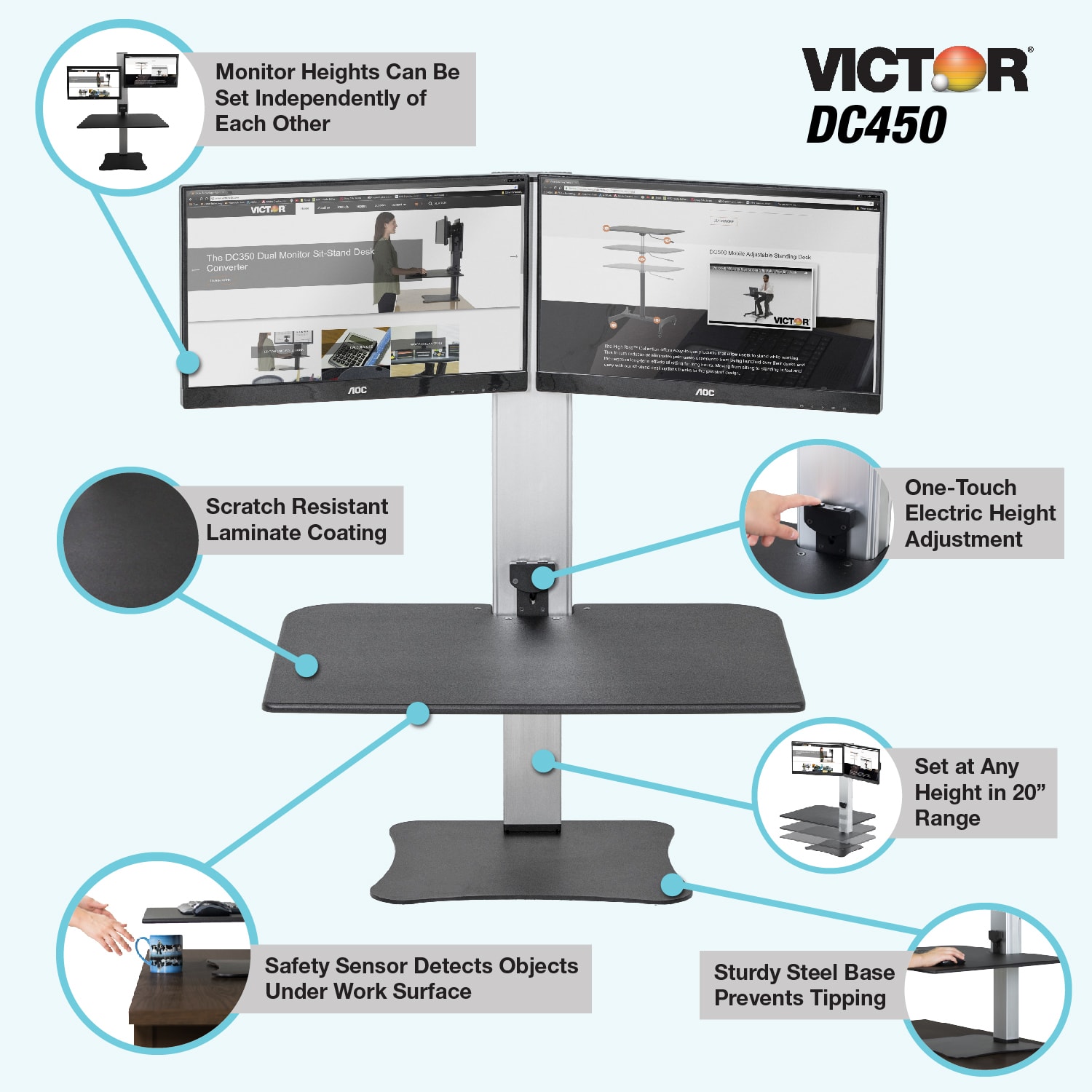 Victor High Rise DC450 Electric Dual Monitor Standing Desk Riser, Black/Silver - Image 5