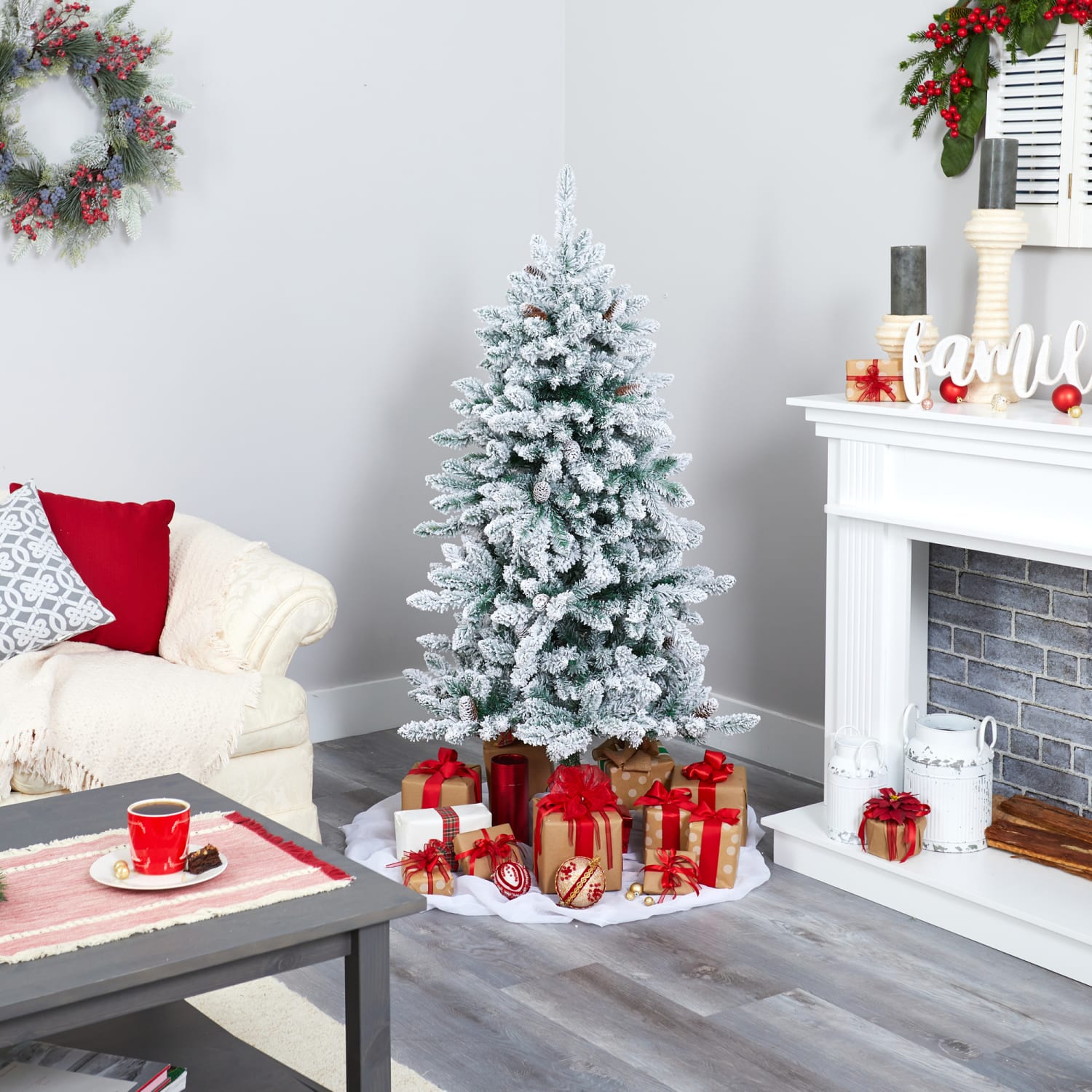 Nearly Natural Flocked Livingston Fir 60inH Artificial Christmas Tree With Pine Cones And Bendable Branches, 60inH x 34inW x 34inD, Green - Image 6