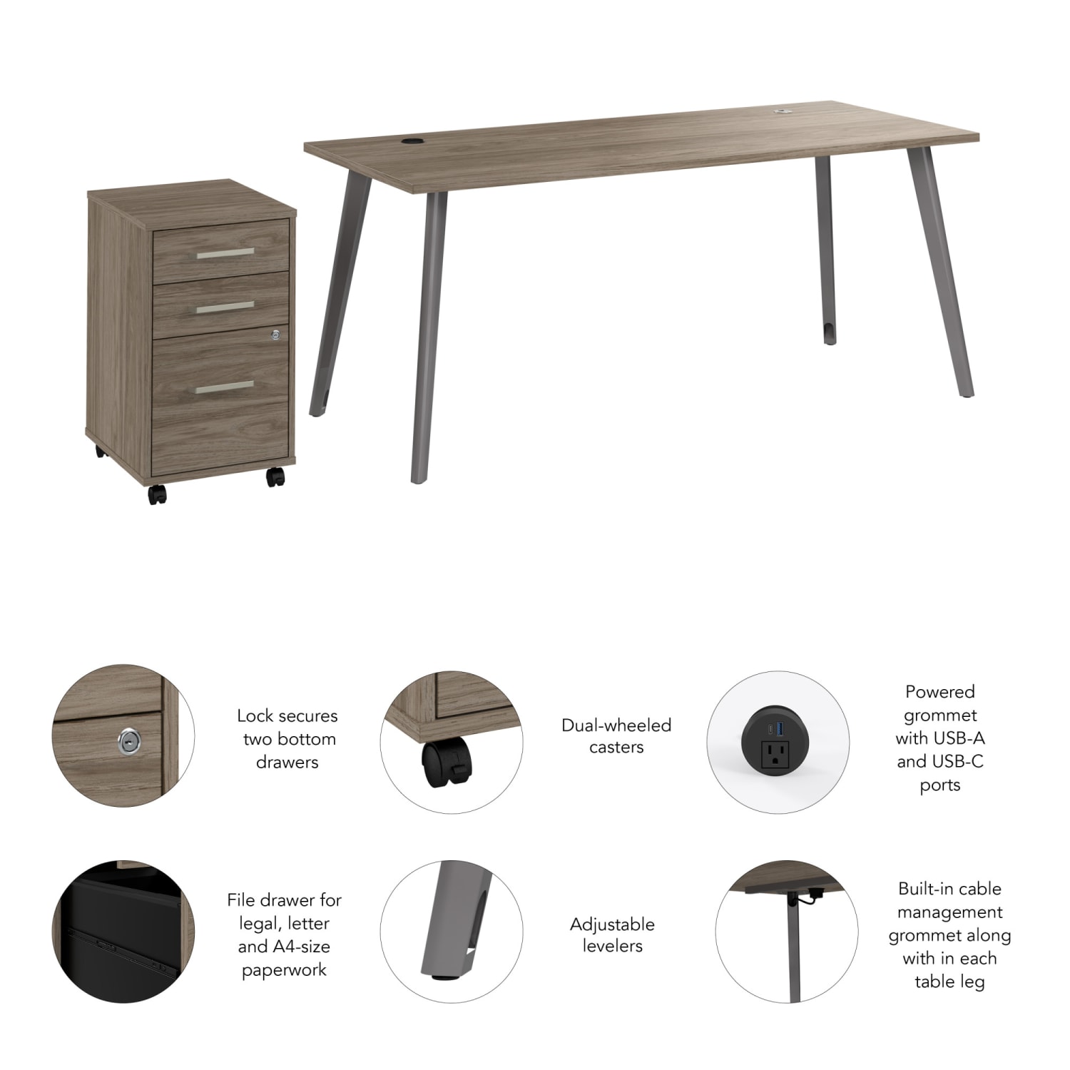 WorkPro Motiva 72inW Modern Office Desk With 3-Drawer Rolling File Cabinet, Modern Hickory, Standard Delivery - Image 4