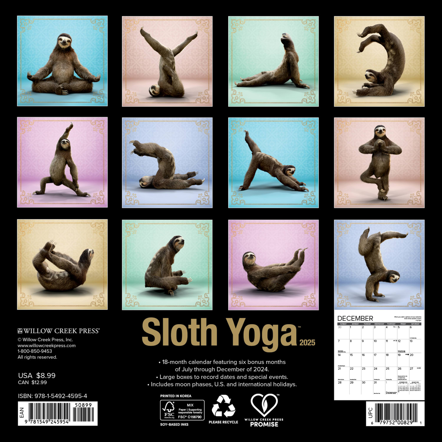 2025 Willow Creek Press Mini Wall Calendar, 7in x 7in, Sloth Yoga, January 2025 To December 2025, 45954 - Image 6