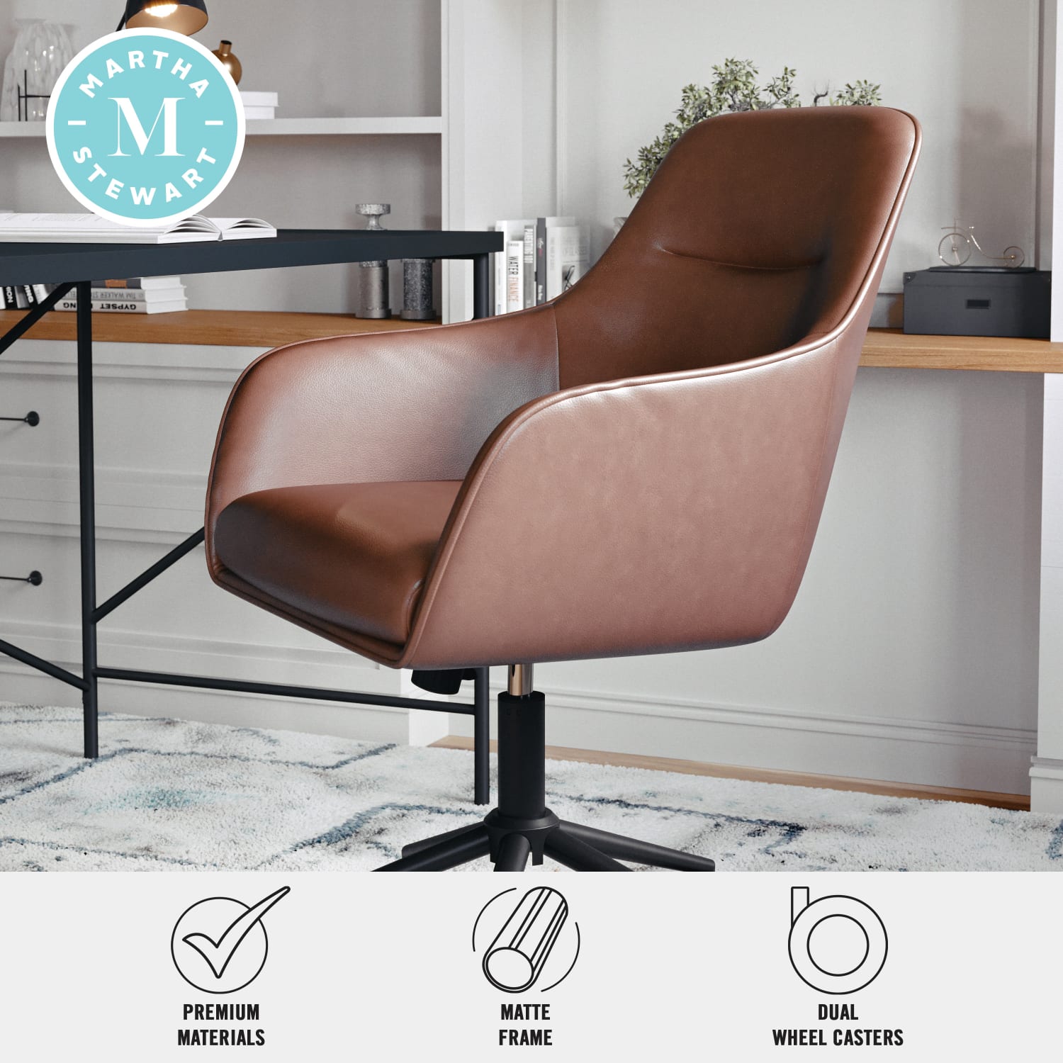 Martha Stewart Rayna Faux Leather Upholstered Mid-Back Office Task Chair, Saddle Brown/Oil-Rubbed Bronze - Image 5