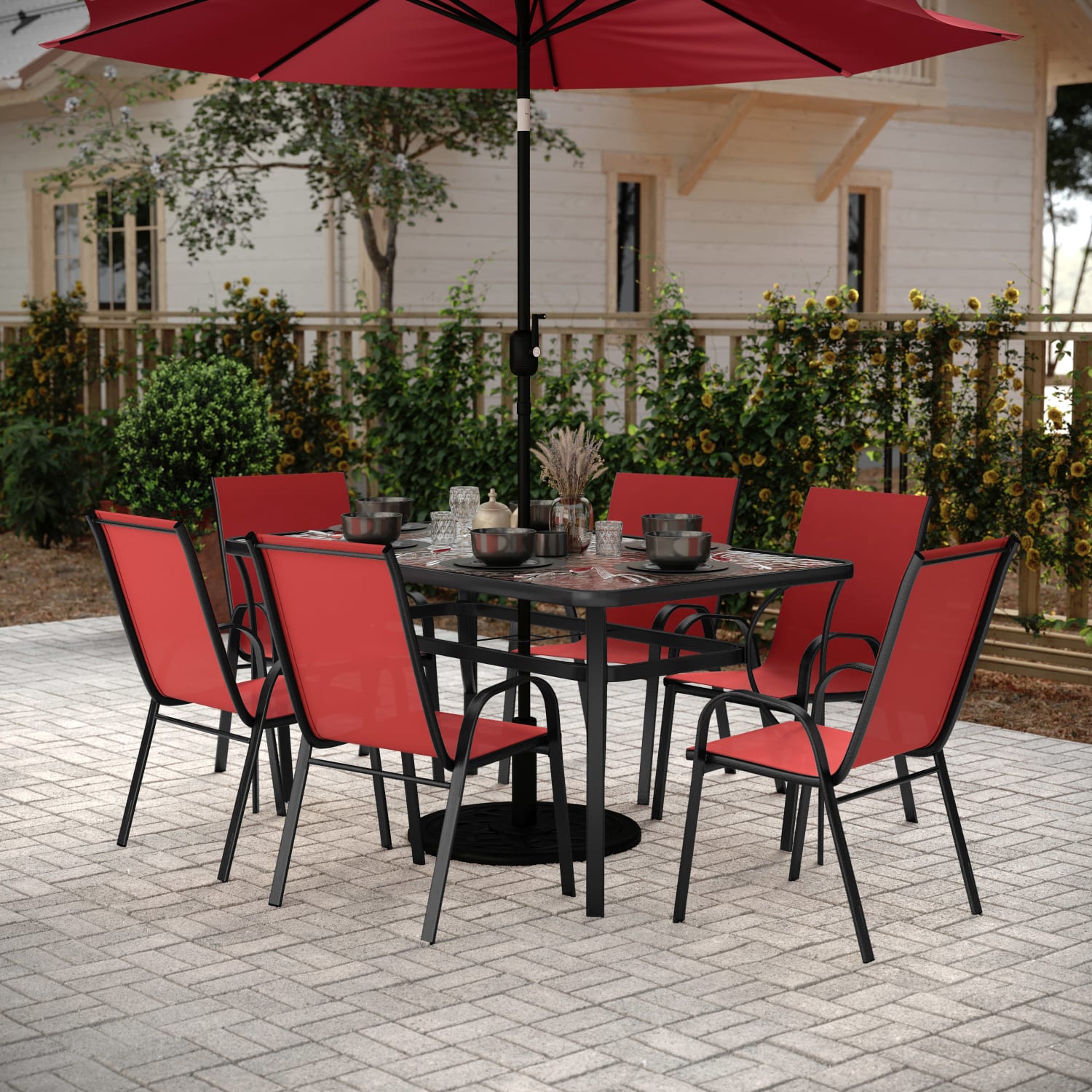 Flash Furniture Brazos 7 Piece Commercial Grade Patio Dining Set with Tempered Glass Patio Table and 6 Chairs with Flex Comfort Material Seats and Backs, Red - Image 3