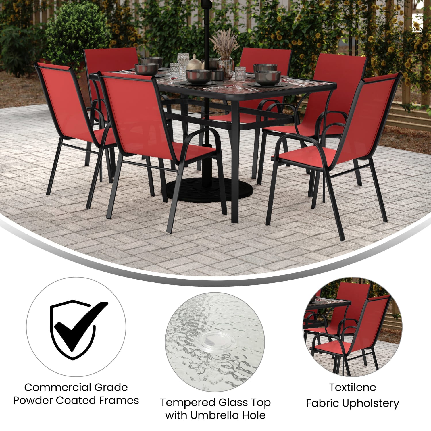 Flash Furniture Brazos 7 Piece Commercial Grade Patio Dining Set with Tempered Glass Patio Table and 6 Chairs with Flex Comfort Material Seats and Backs, Red - Image 4
