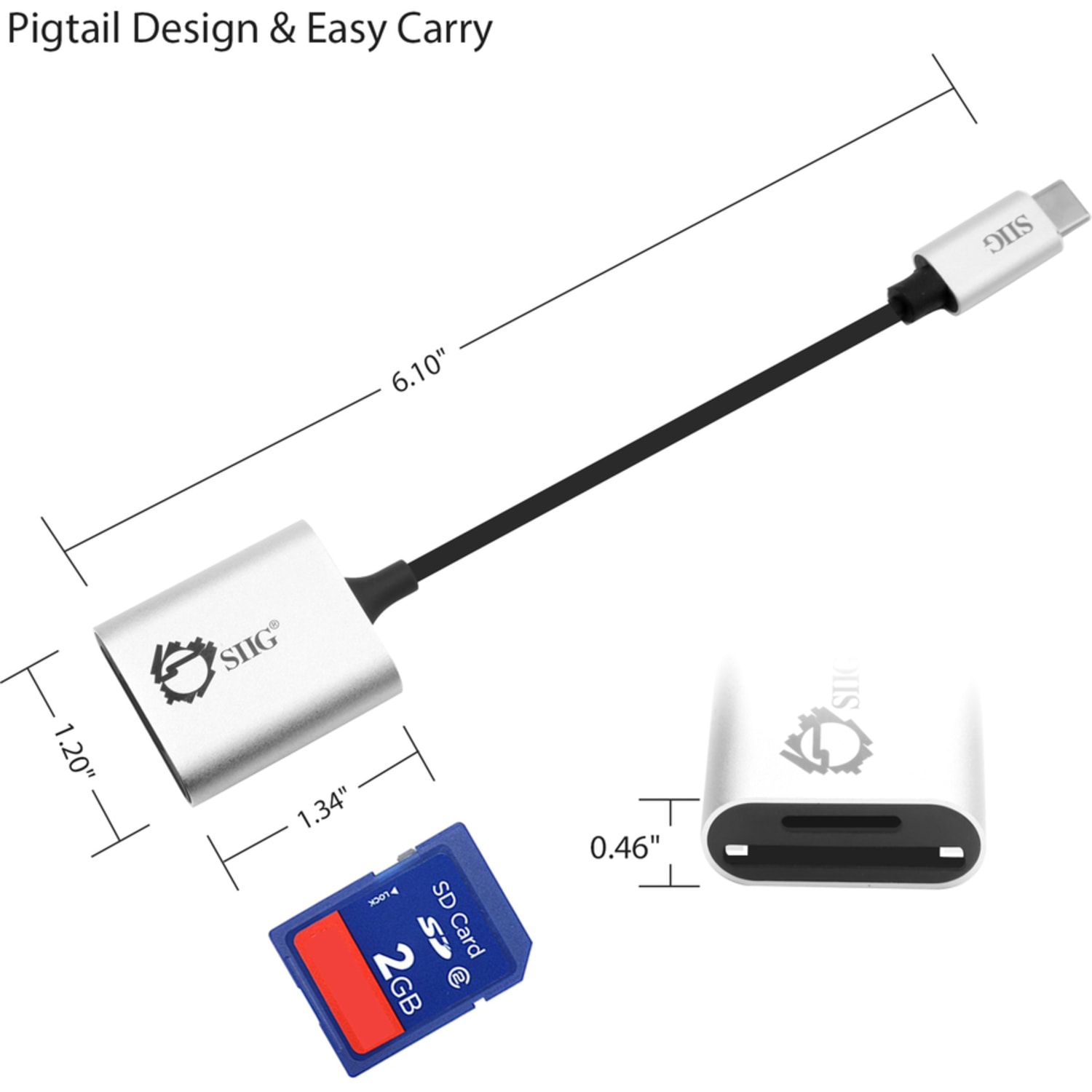 SIIG USB-C 2-in-1 Card Reader for SD & Micro SD - Silver - 2-in-1 - SD, SDHC, SDXC, TransFlash, microSD, microSDHC, microSDXC, MultiMediaCard (MMC) - USB 3.0 Type C - External - Image 3