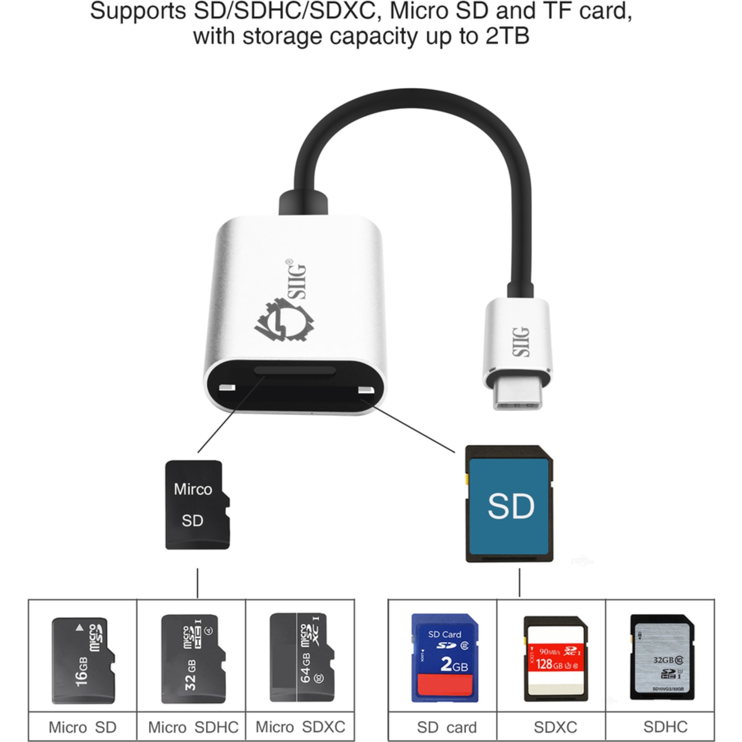 SIIG USB-C 2-in-1 Card Reader for SD & Micro SD - Silver - 2-in-1 - SD, SDHC, SDXC, TransFlash, microSD, microSDHC, microSDXC, MultiMediaCard (MMC) - USB 3.0 Type C - External - Image 6