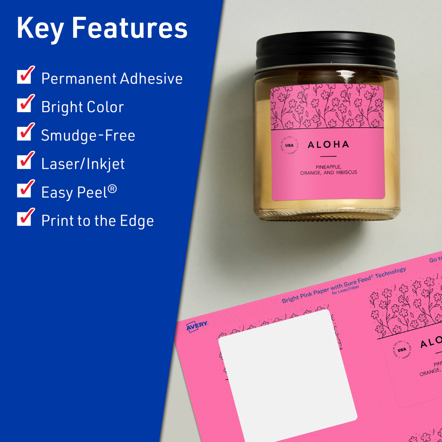 Avery Print-To-The-Edge Labels With Sure Feed Technology And Easy Peel Label Feature, 94101-BPP10, Square, 3in x 3in, Matte Bright Pink, Pack of 60 - Image 3