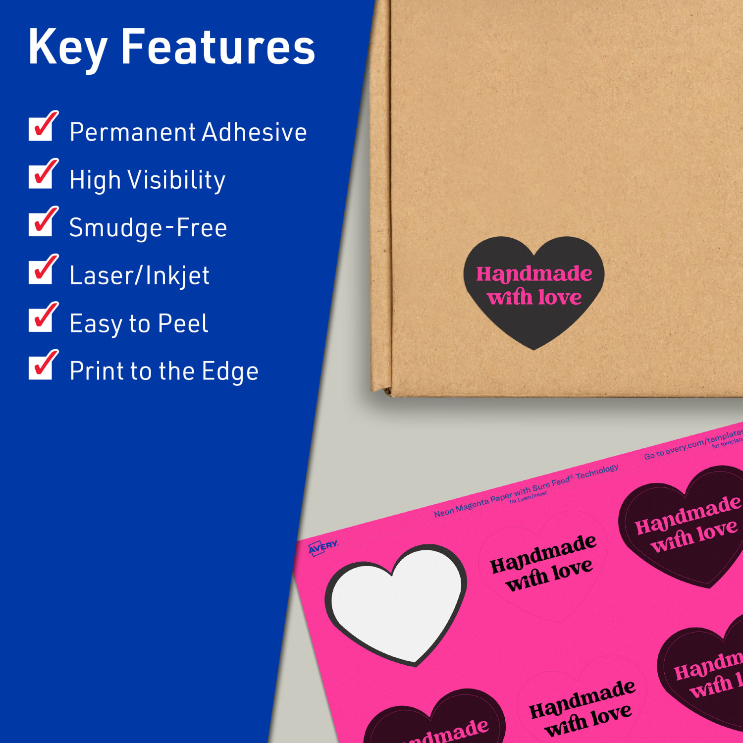 Avery Print-To-The-Edge Labels With Sure Feed Technology, 94603-NMP40, Heart, 2-9/32in x 1-27/32in, Matte Neon Magenta, Pack of 480 - Image 3