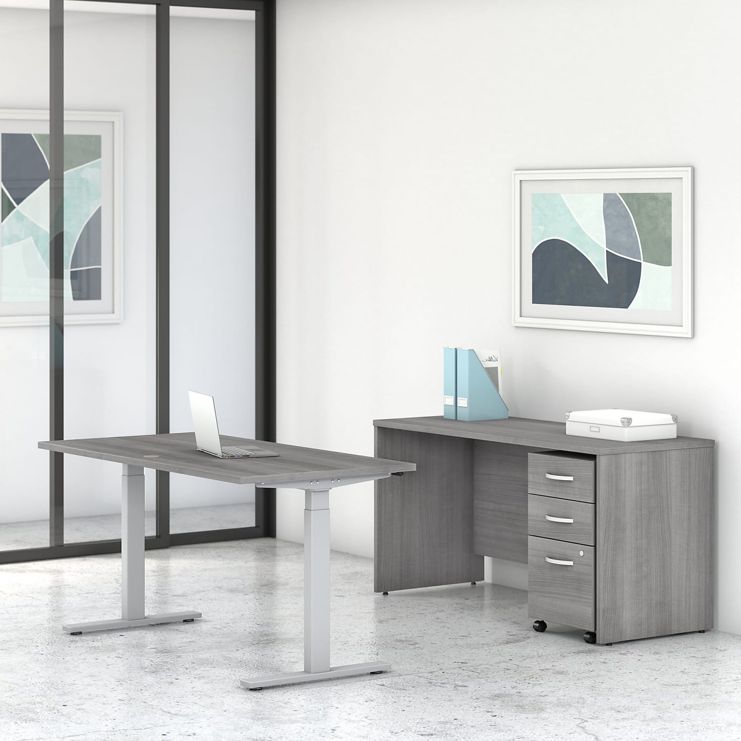 Bush Business Furniture Studio C Electric 60inW x 30inD Height-Adjustable Standing Desk, Credenza And Mobile File Cabinet, Platinum Gray, Standard Delivery - Image 3