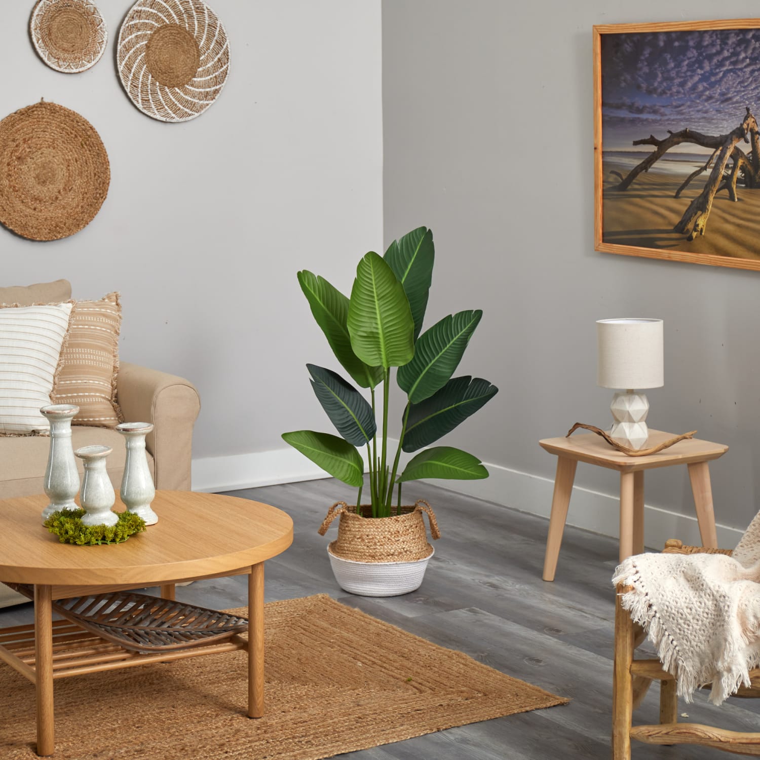 Nearly Natural Traveler's Palm 48inH Artificial Plant With Handmade Woven Planter, 48inH x 8inW x 8inD, Green/Brown/White - Image 5