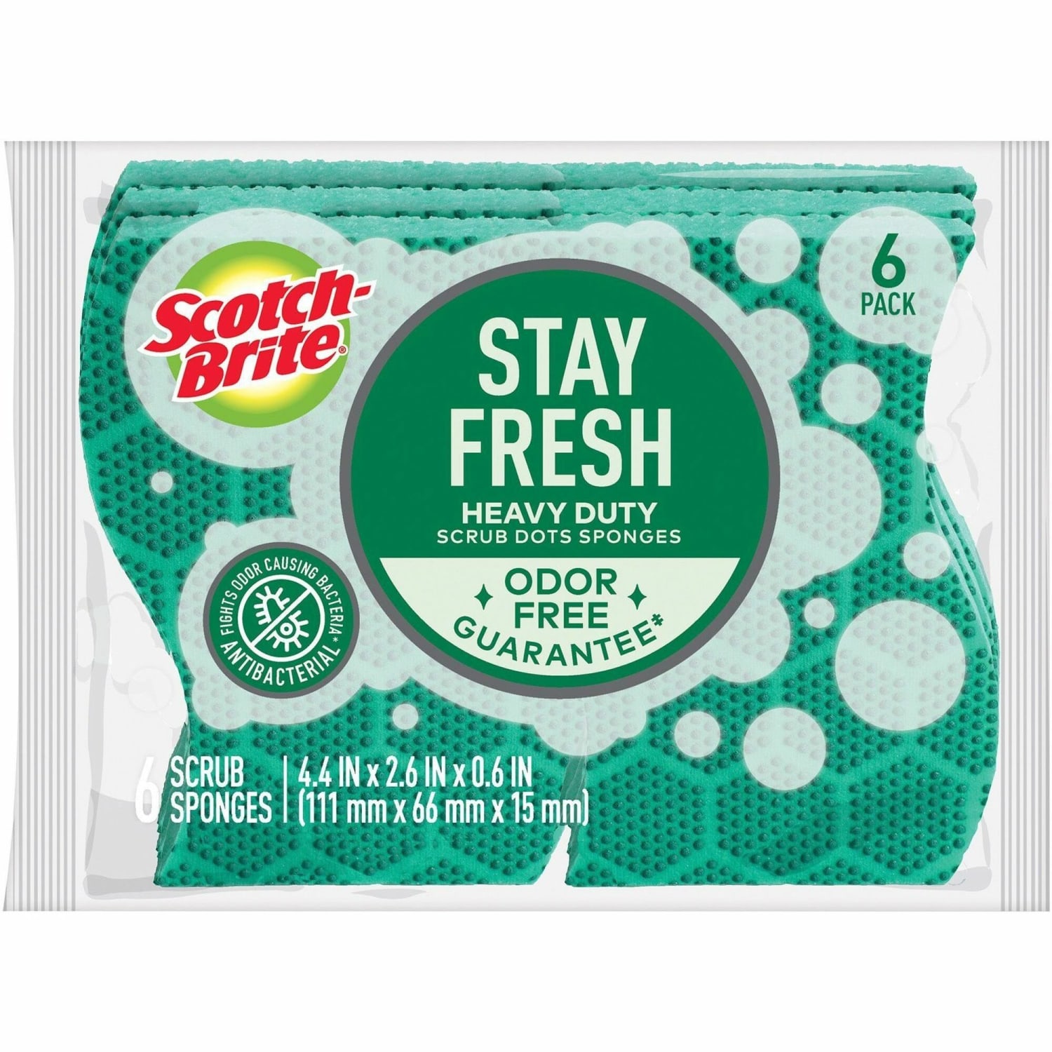 Scotch-Brite Scrub Dots Heavy-duty Scrub Sponge, 2.5inH x 6.2inW x 4.7inD, 6 / Pack, Green