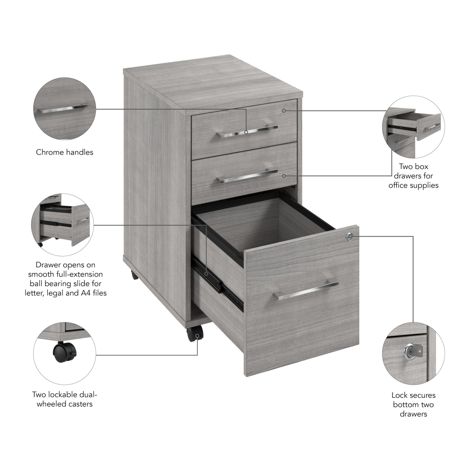 Bush Business Furniture Hustle 3-Drawer Mobile File Cabinet, Platinum Gray, Standard Delivery - Image 5