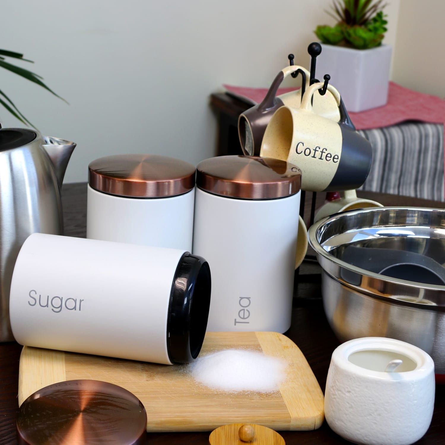 MegaChef Essential 3-Piece Kitchen Storage Canister Set, Matte White/Copper - Image 4