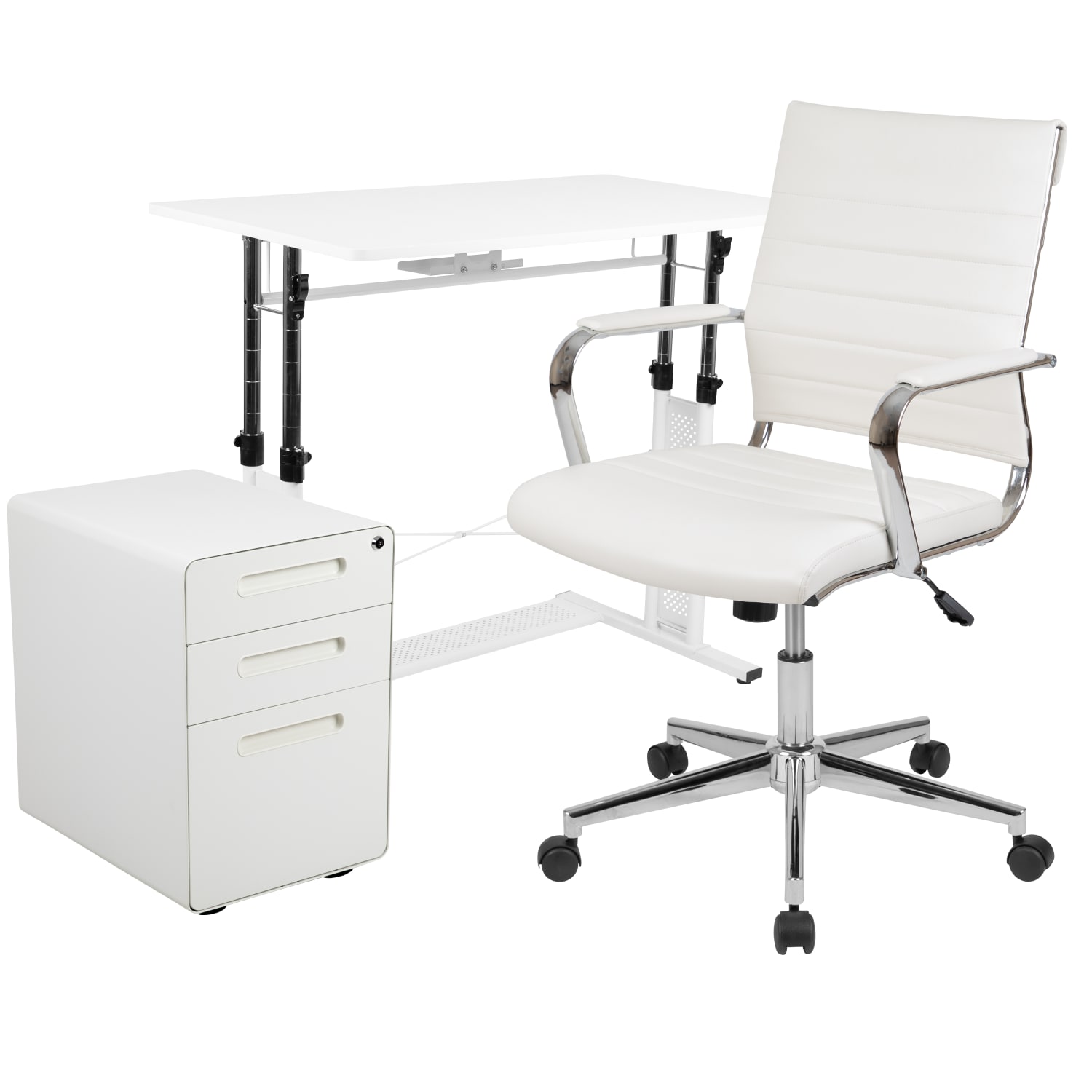 Flash Furniture Work From Home Desk And Chair Set With Adjustable Computer Desk, LeatherSoft Office Chair And Locking Mobile Filing Cabinet, White - Image 3