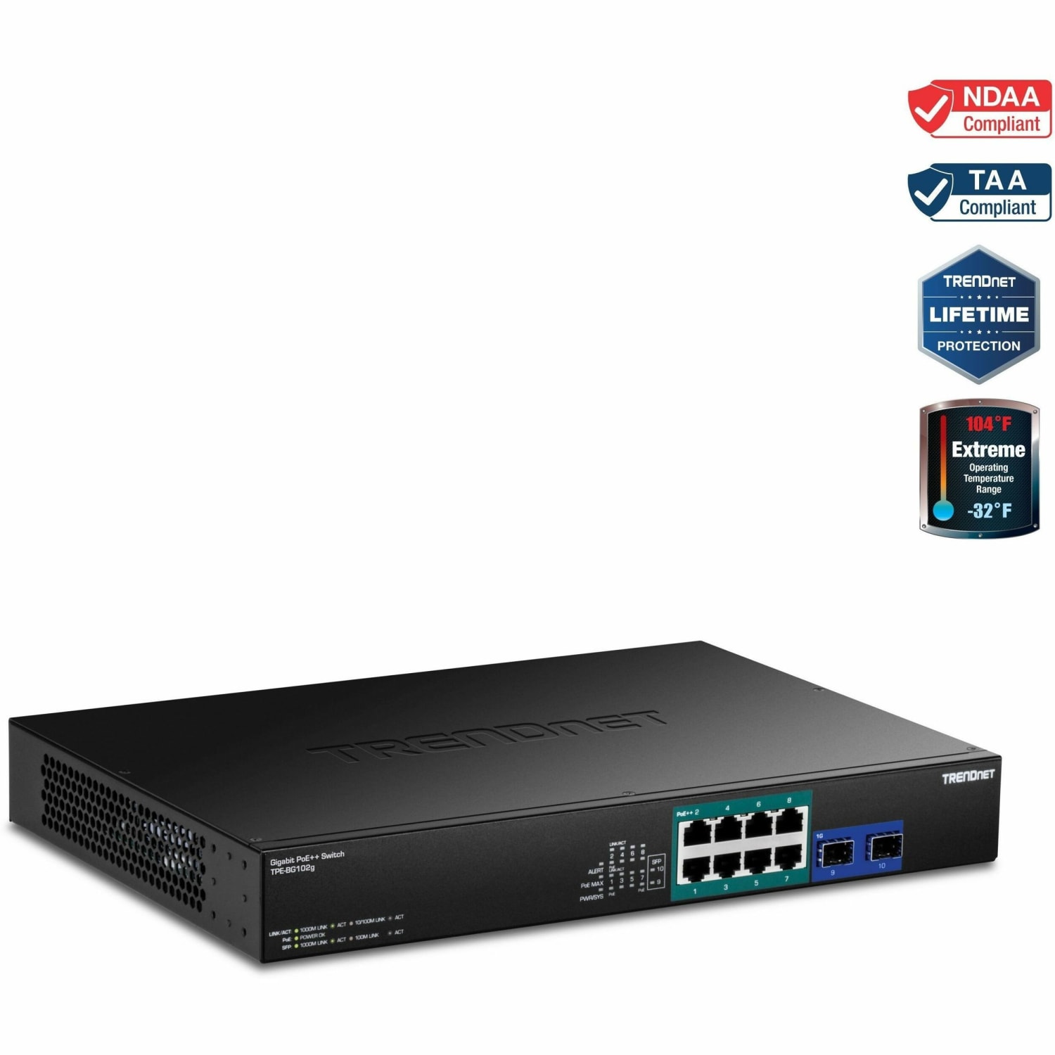 TRENDnet TPE-BG102g- 10-Port Gigabit 240W PoE++ Switch with 4x 95W PoE++ Ports- 4x 30W PoE+ Ports- 2 Gigabit SFP Slots, 240W PoE Budge - TPEBG102G