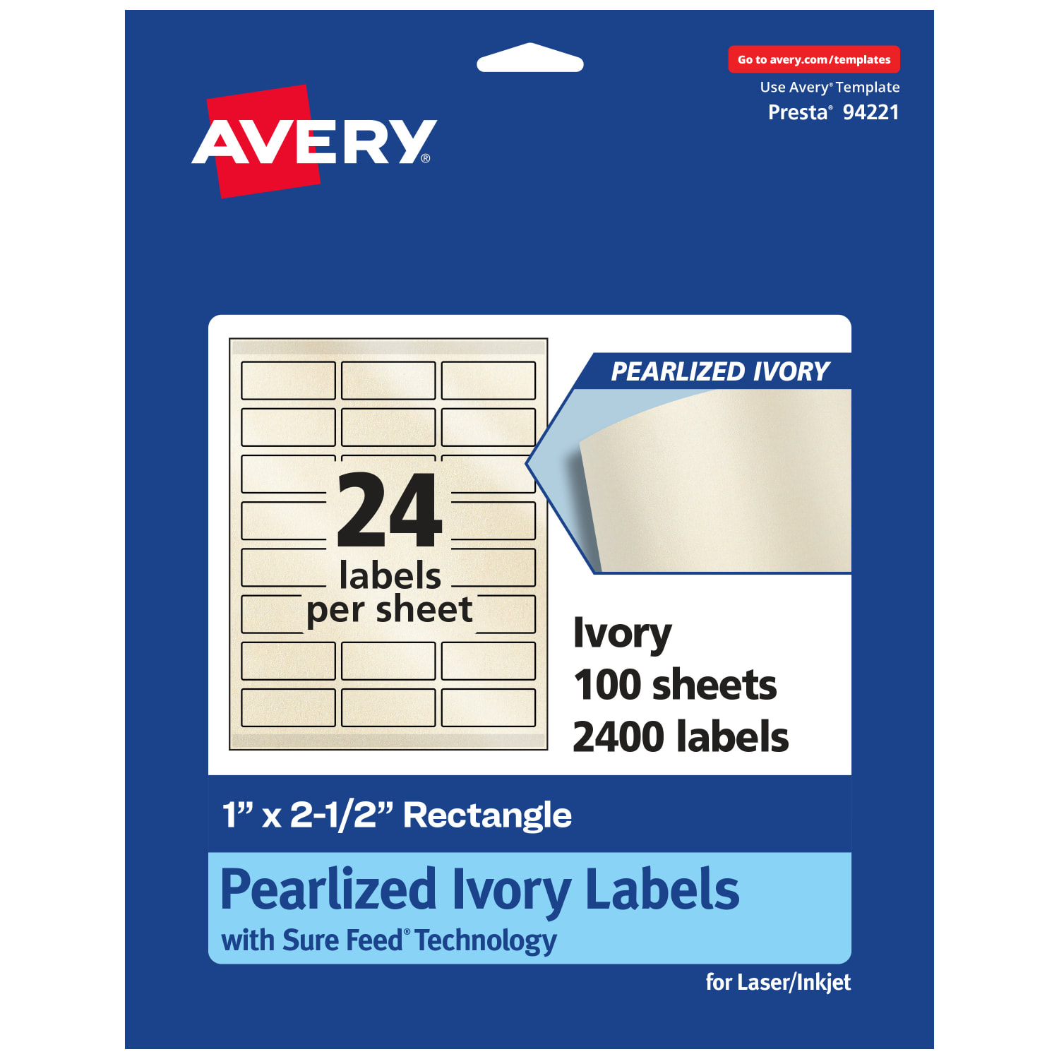 Avery Pearlized Permanent Labels With Sure Feed, 94221-PIP100, Rectangle, 1in x 2-1/2in, Ivory, Pack Of 2,400 Labels